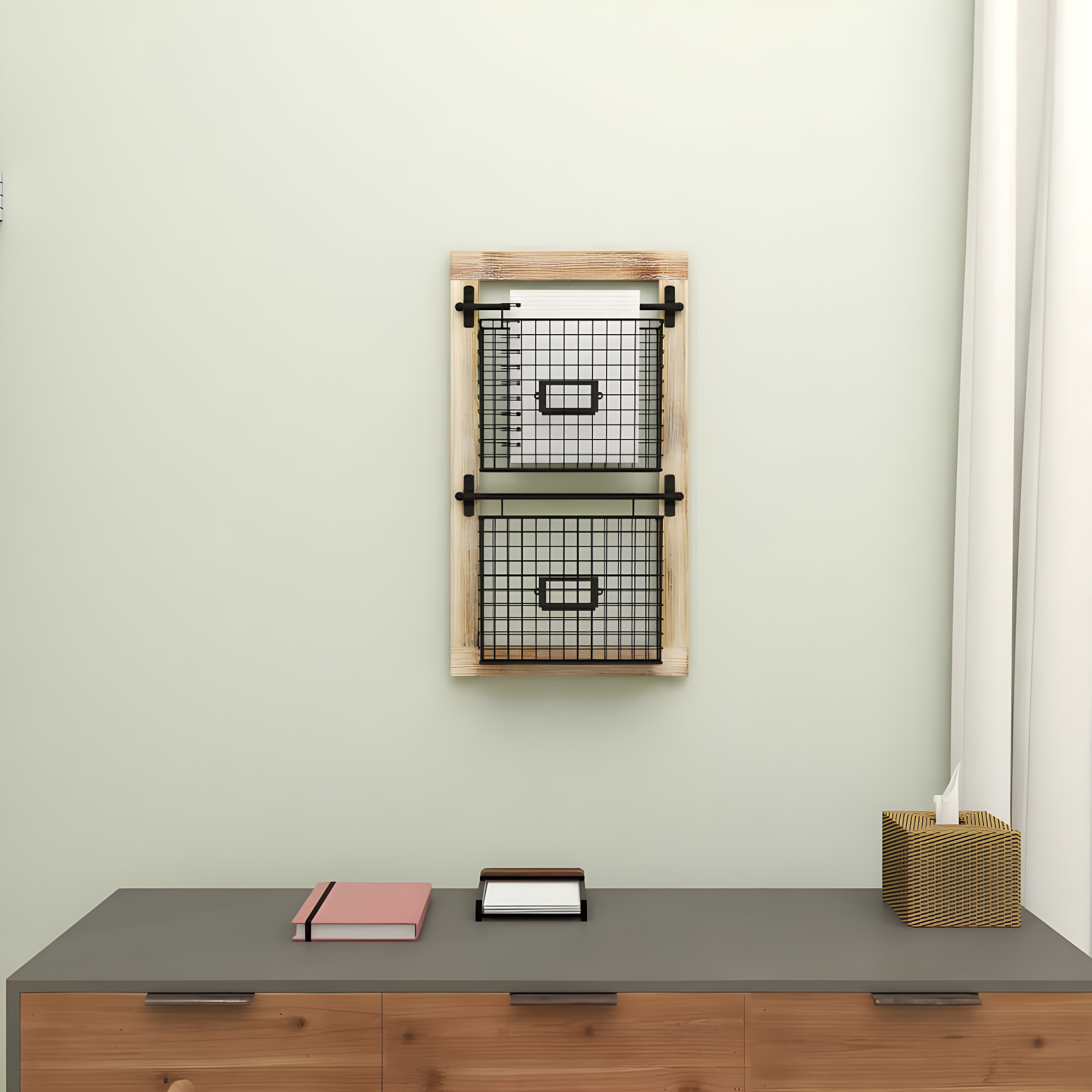 DecMode 25" Black Metal 2 Slot Suspended Wire Basket Magazine Rack Holder with Suspended Baskets and Label Slot