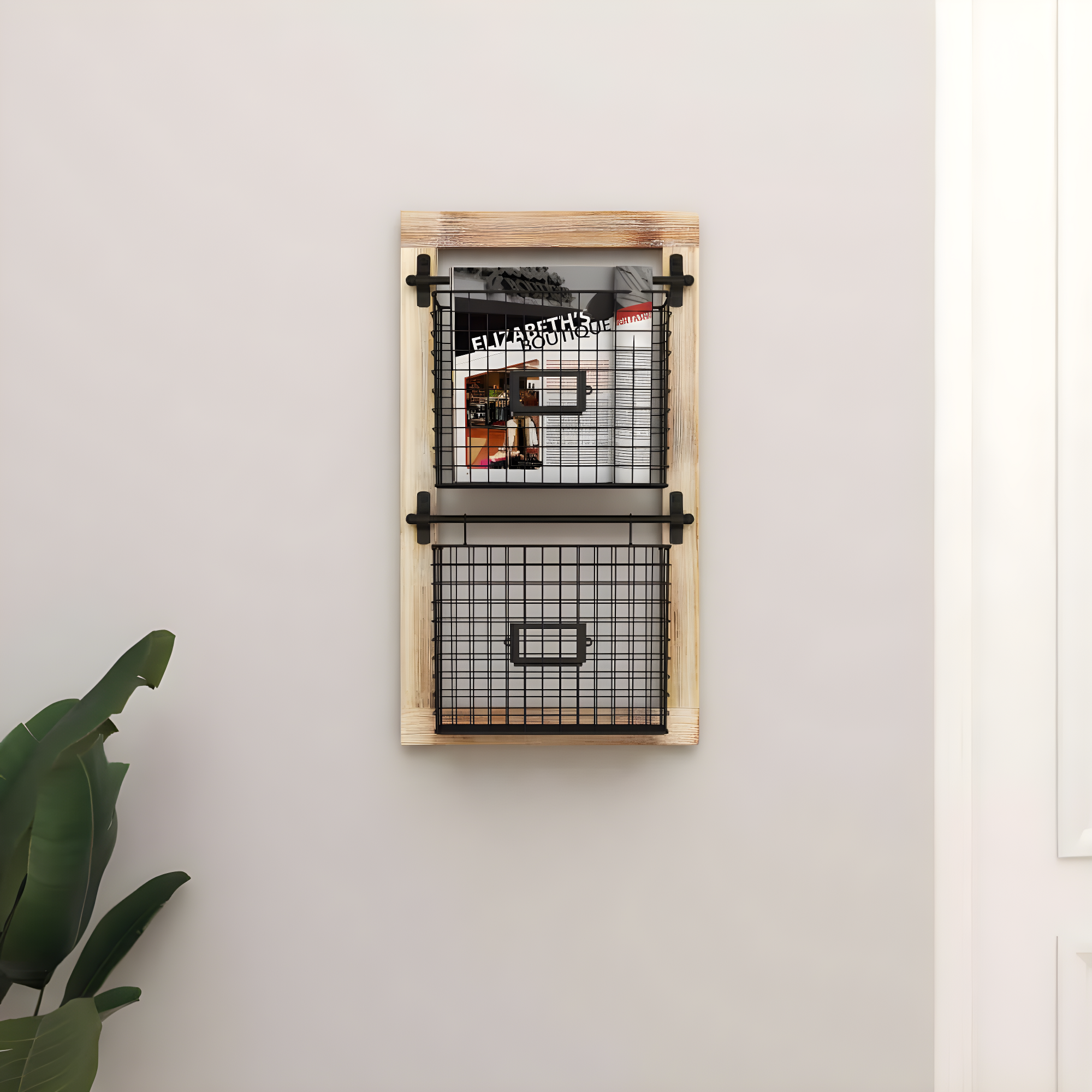 DecMode 25" Black Metal 2 Slot Suspended Wire Basket Magazine Rack Holder with Suspended Baskets and Label Slot