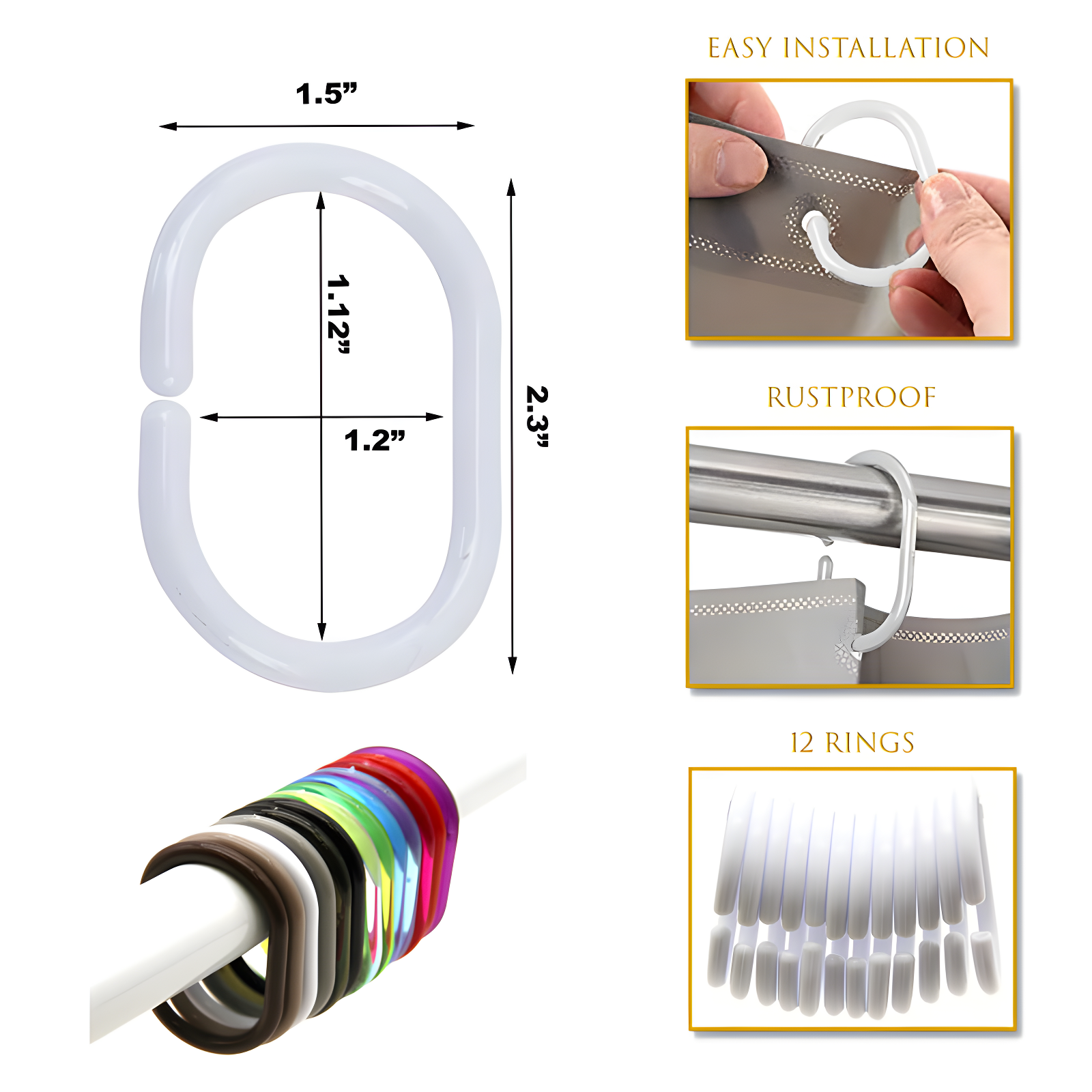Evideco Solid Plastic Shower Curtain Hooks Rings (Set of 12)