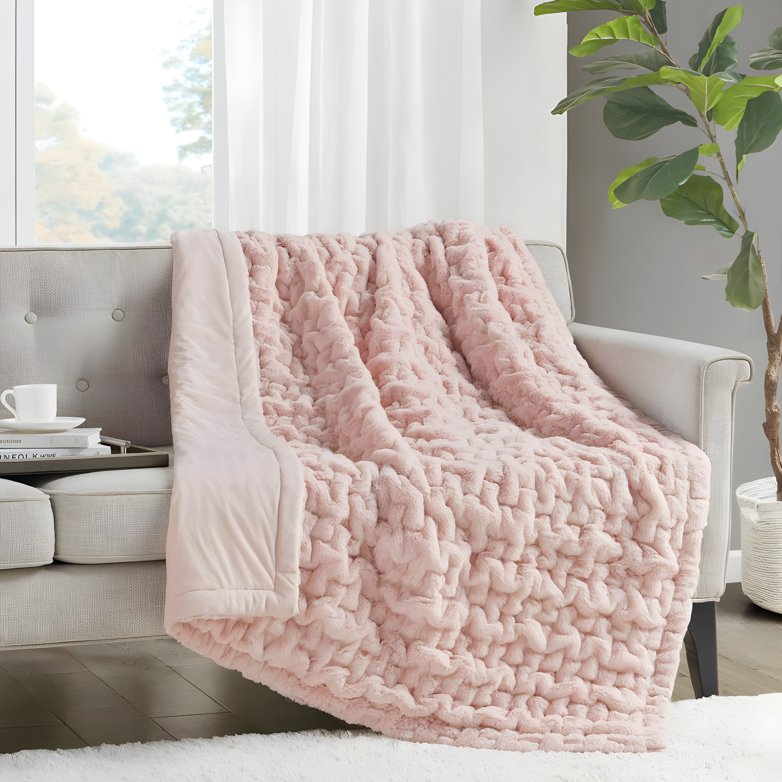 Madison Park Blush Ruched Fur Throw 50x60"