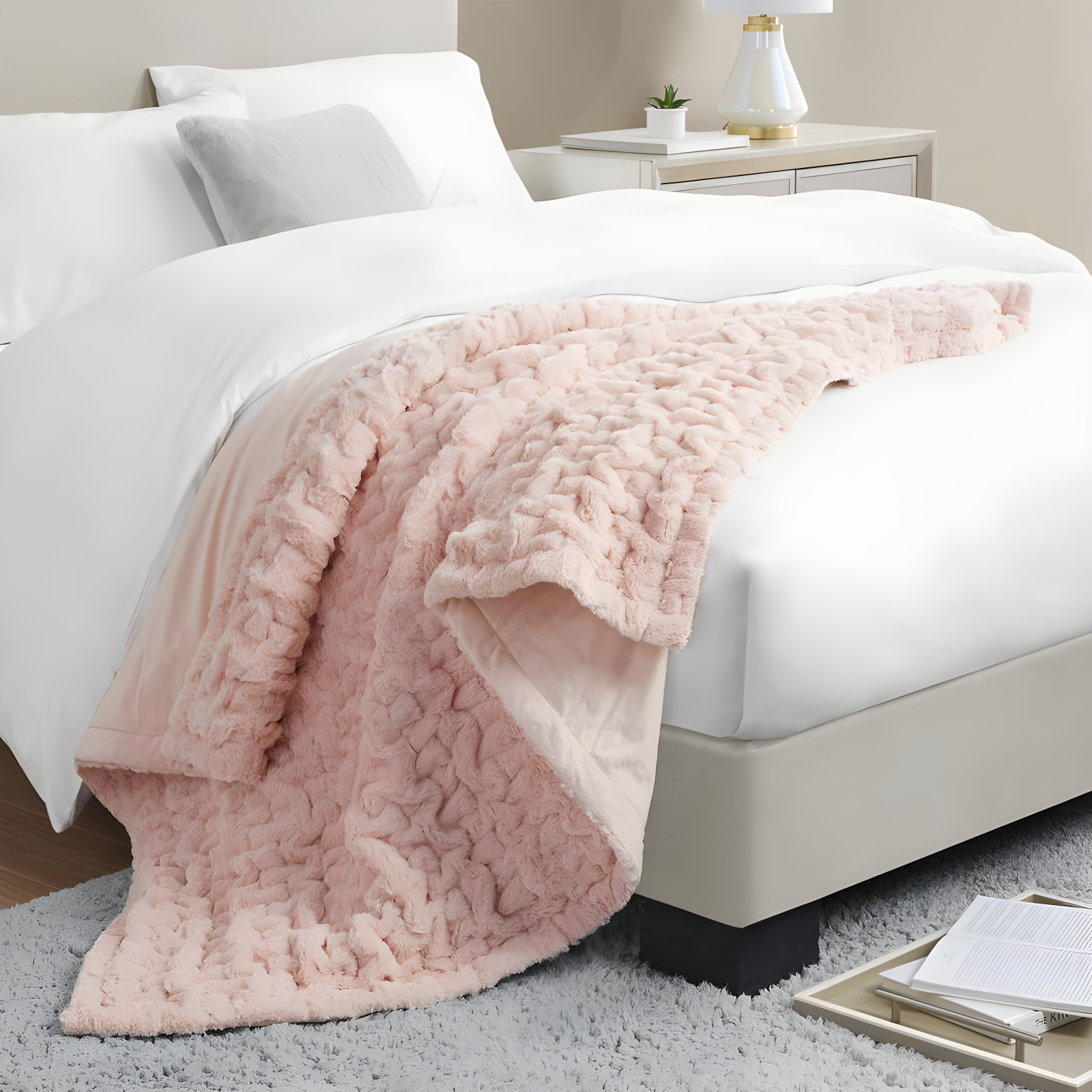 Madison Park Blush Ruched Fur Throw 50x60"