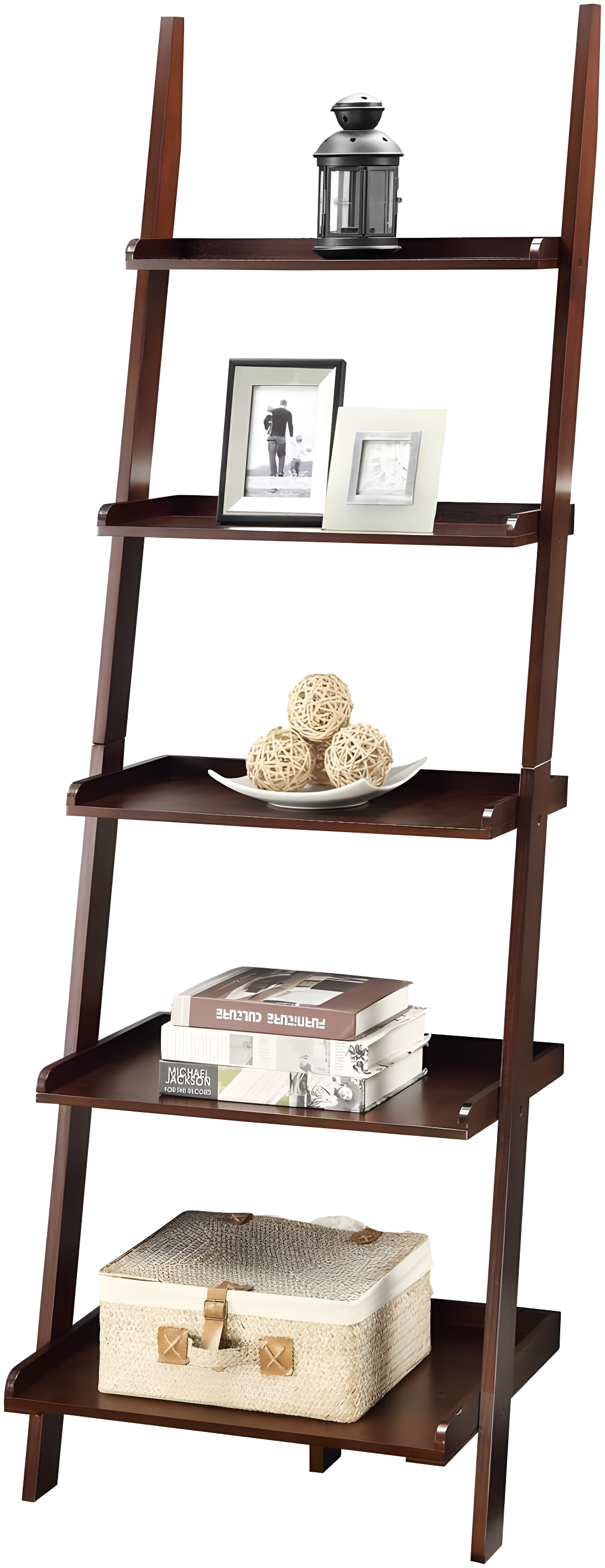 Espresso Solid Wood 5-Tier Ladder Bookshelf