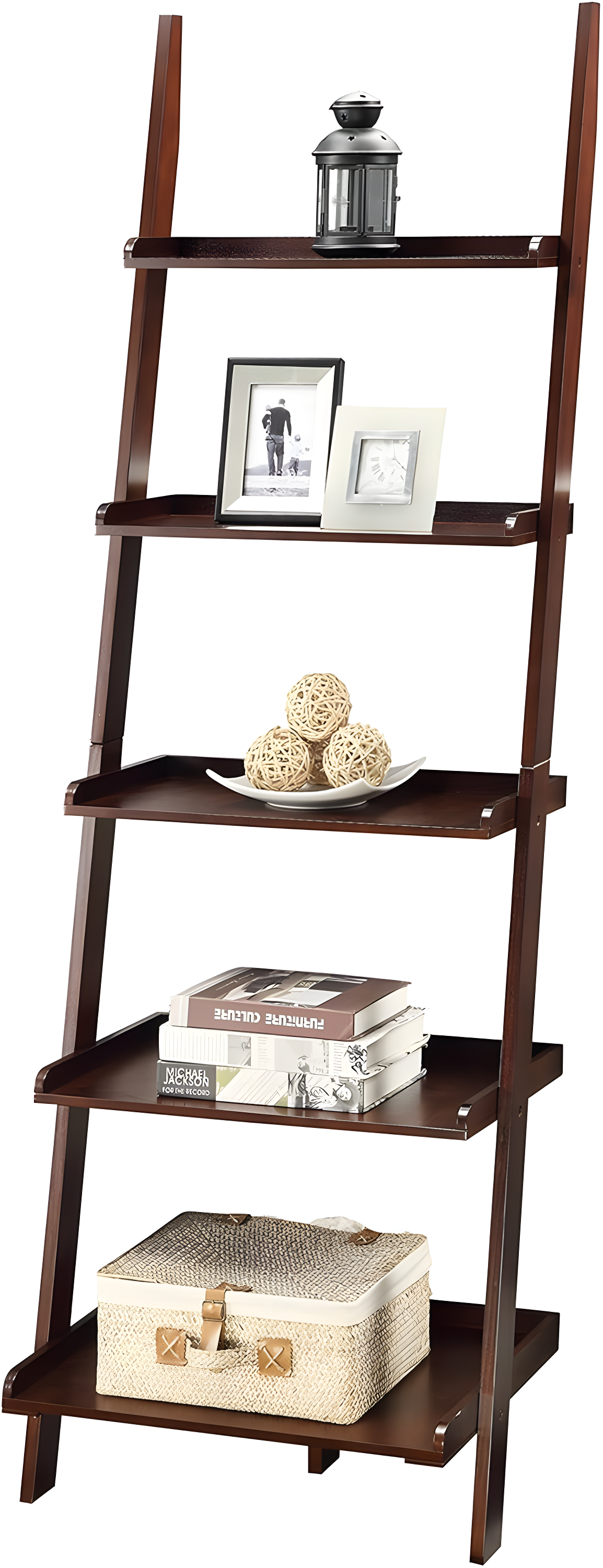 Espresso Solid Wood 5-Tier Ladder Bookshelf