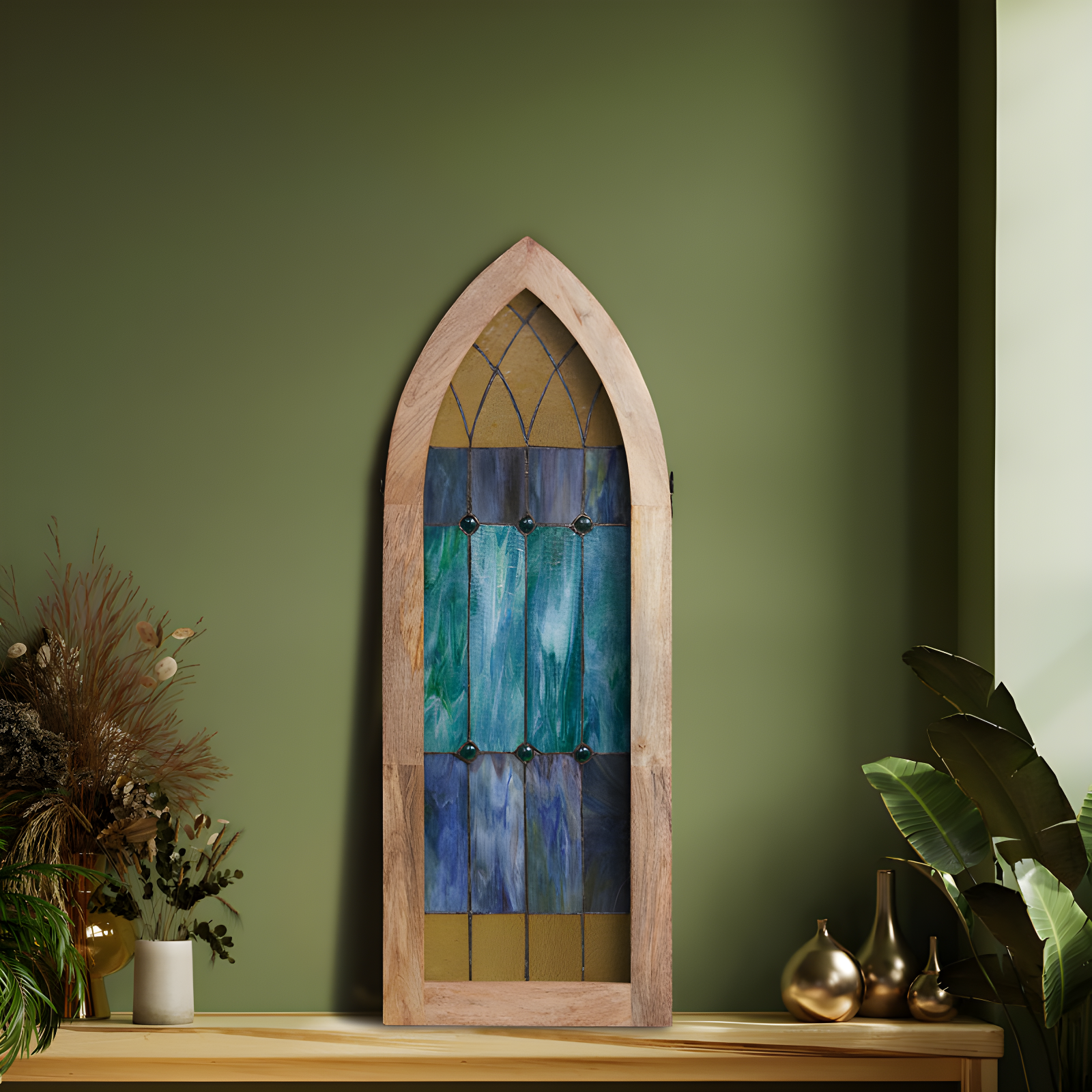 36"H Aqua Victorian Cathedral-Inspired Stained Glass Window Panel