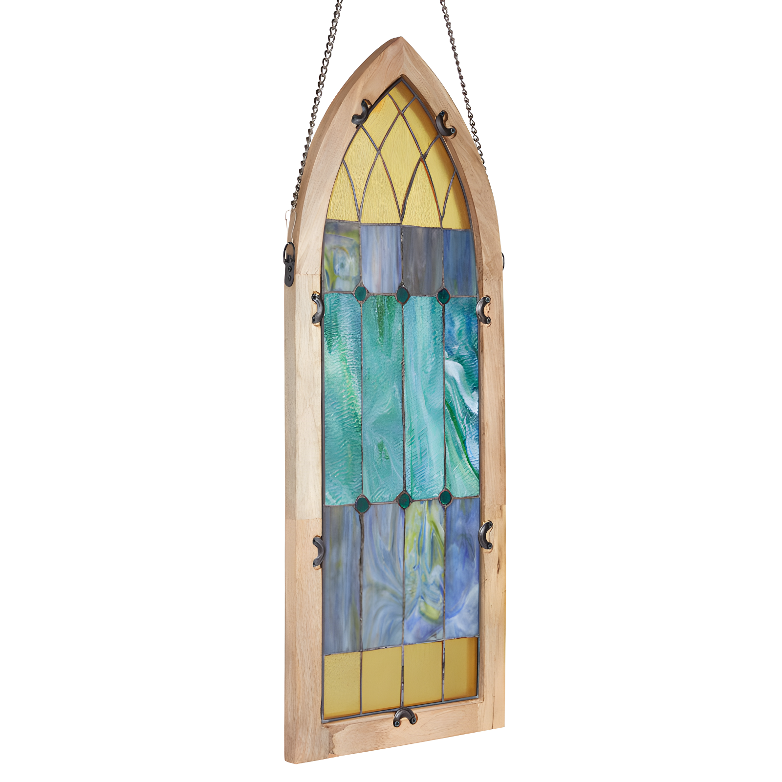 36"H Aqua Victorian Cathedral-Inspired Stained Glass Window Panel