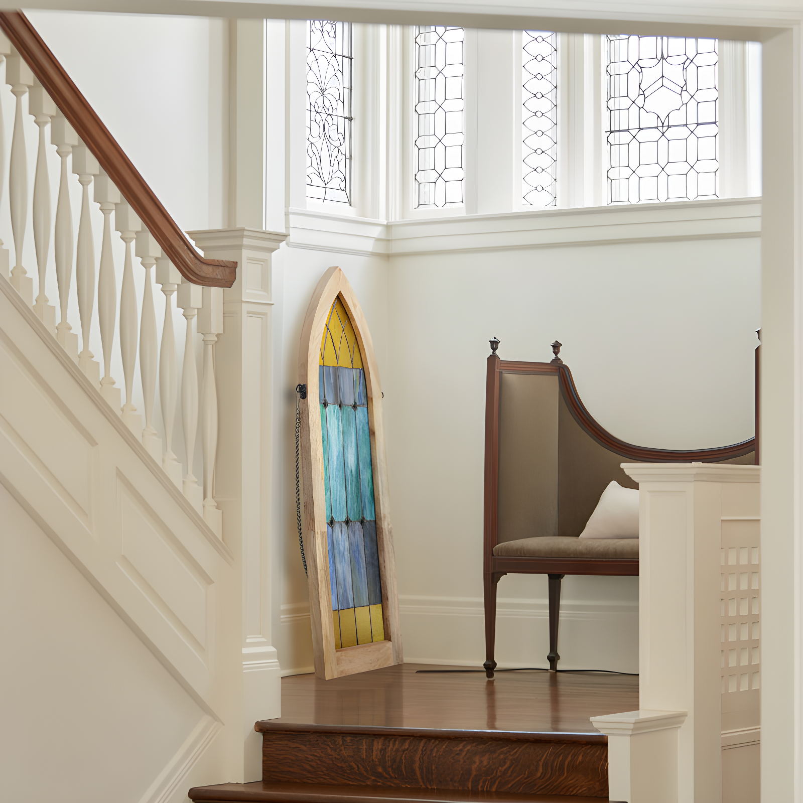 36"H Aqua Victorian Cathedral-Inspired Stained Glass Window Panel