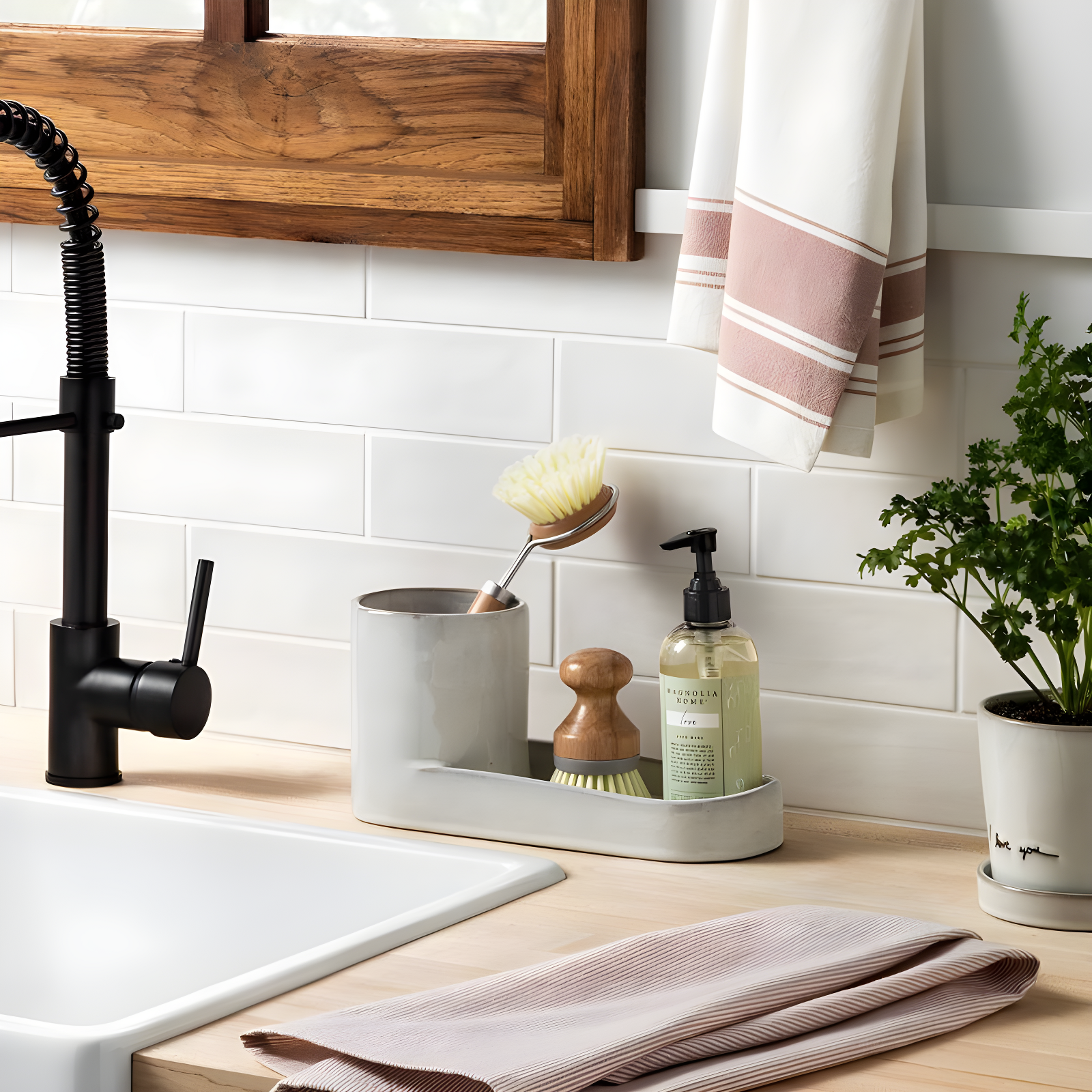 Stoneware Kitchen Sink Caddy Sour Cream - Hearth & Hand™ with Magnolia: Glazed Utensil & Sponge Organizer