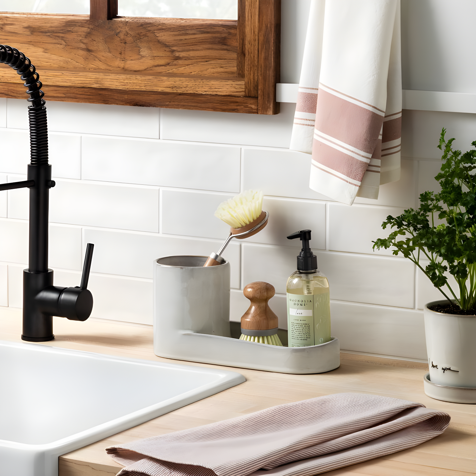 Stoneware Kitchen Sink Caddy Sour Cream - Hearth & Hand™ with Magnolia: Glazed Utensil & Sponge Organizer