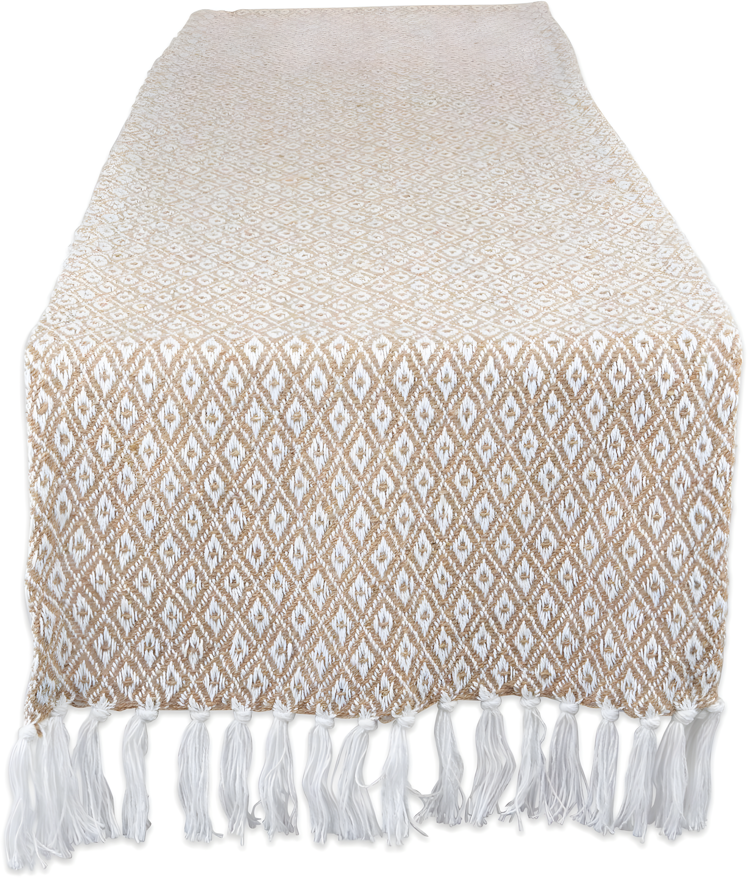 Design Imports  Mini Diamond Jacquard Fringe Table Runner, Stone, 15X72"