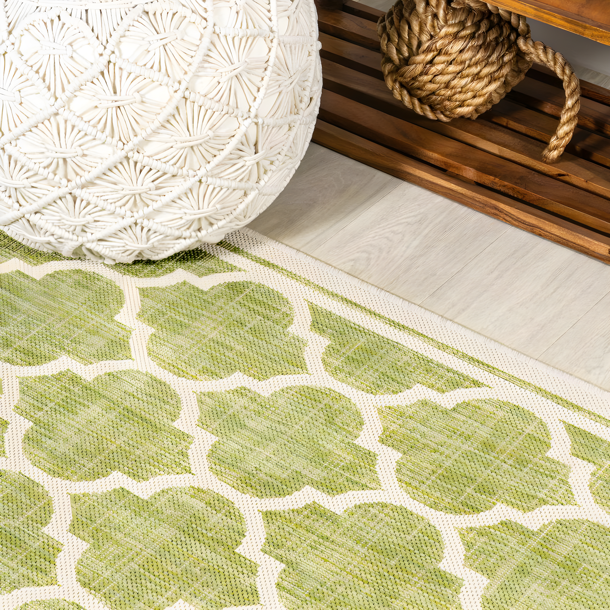 2' x 8' Trebol Moroccan Trellis Textured Weave Indoor/Outdoor Runner Rug, Green/Cream - JONATHAN Y