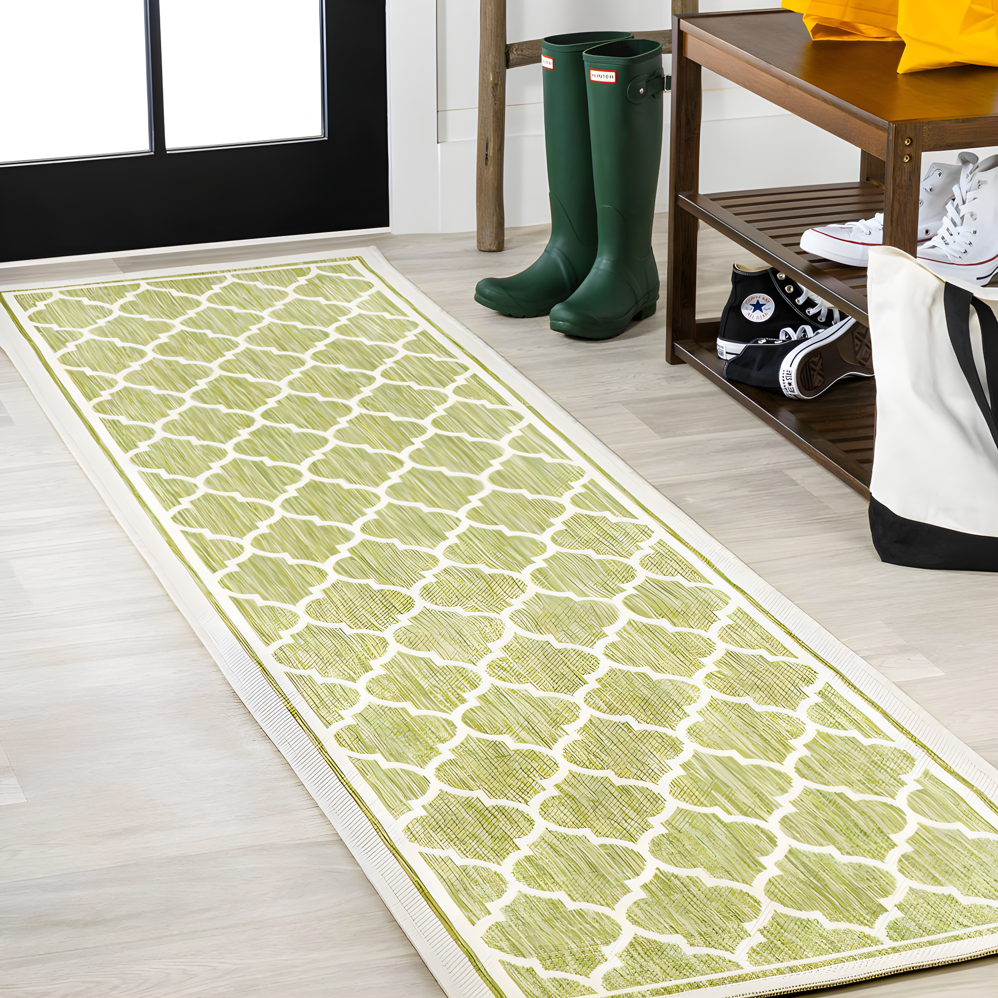 2' x 8' Trebol Moroccan Trellis Textured Weave Indoor/Outdoor Runner Rug, Green/Cream - JONATHAN Y