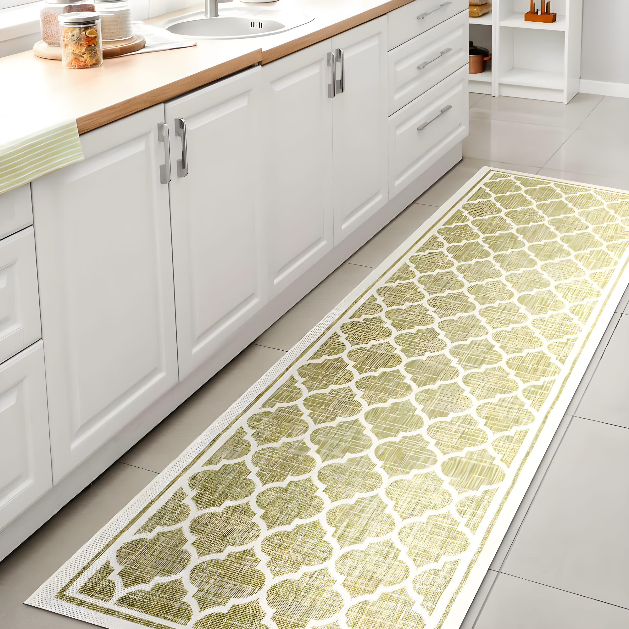 2' x 8' Trebol Moroccan Trellis Textured Weave Indoor/Outdoor Runner Rug, Green/Cream - JONATHAN Y