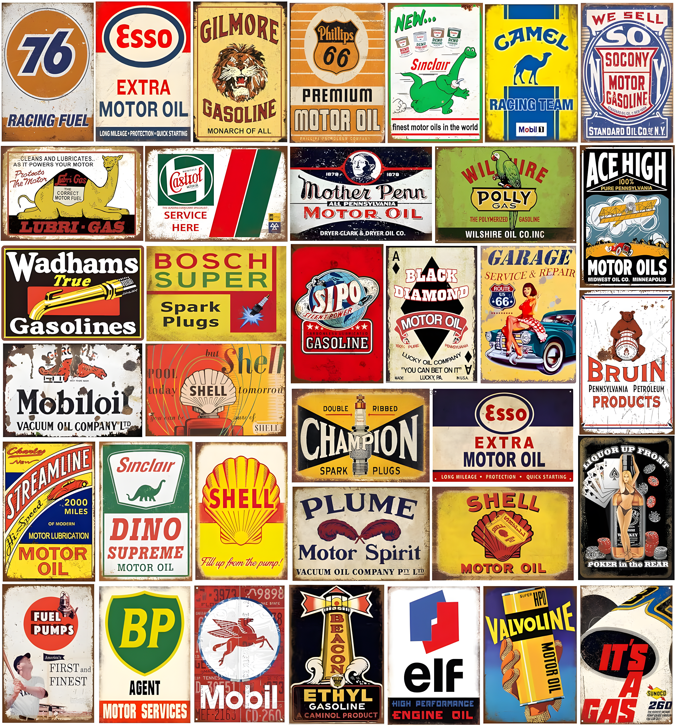 Reproduced Vintage Tin Sign Pack, Gas Oil Retro Advert Antique Metal Signs for Garage Man Cave Bar Kitchen, Nostalgic Car Decor, 8x12 Inch (35 Pieces A)