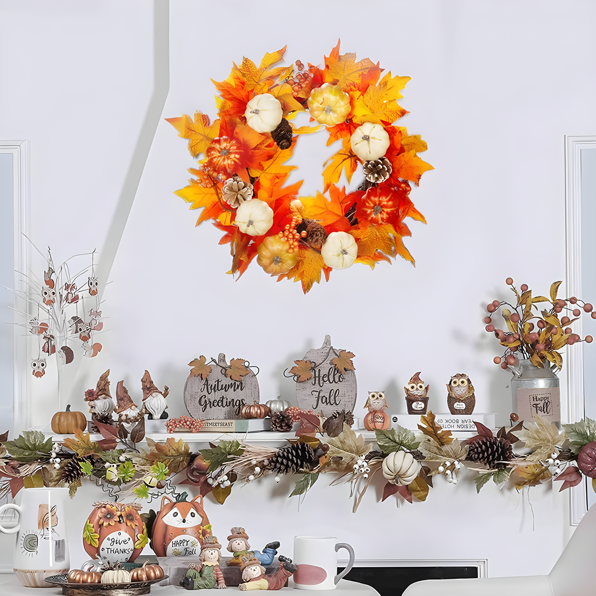 Fall Wreath 20’’ Autumn Front Door Wreath Harvest Wreath with Sunflower Pumpkins Berries Maple Leaves Daisies for Outside Indoor Home Wall Festival Thanksgiving Autumn Farmhouse Decor