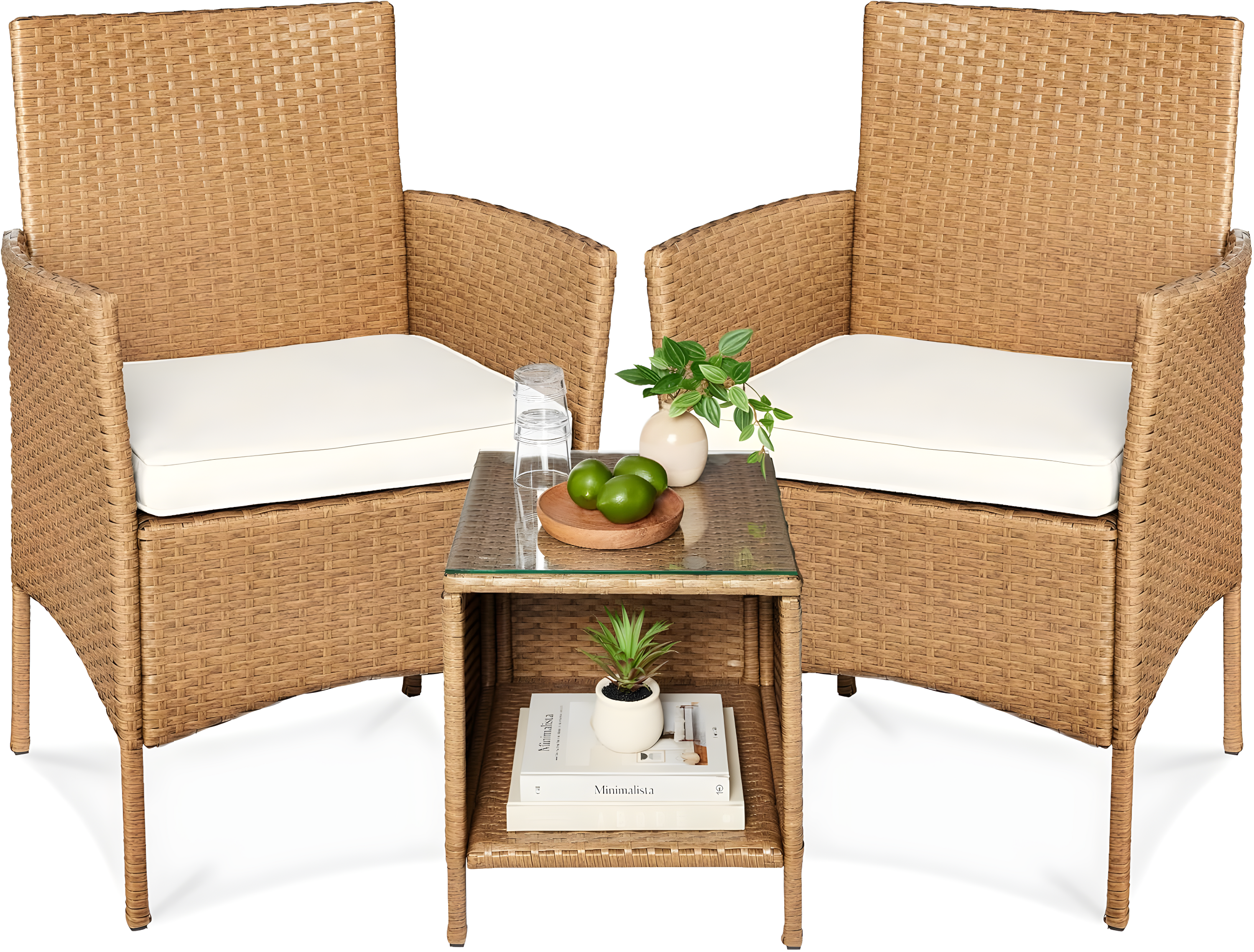 Best Choice Products 3-Piece Outdoor Wicker Conversation Patio Bistro Set, w/ 2 Chairs, Table - Natural/Ivory