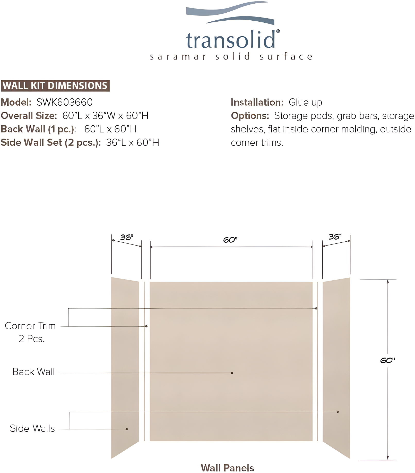 Transolid SaraMar W 36'' D H Glue Up Solid Surface Wall