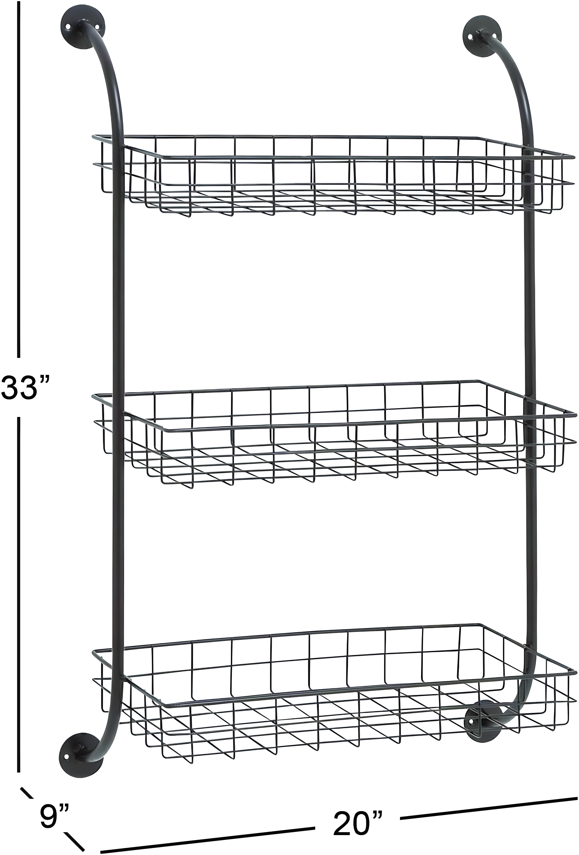 DecMode 21" x 10" 3-Tier Black Wall Shelf with Suspended Baskets