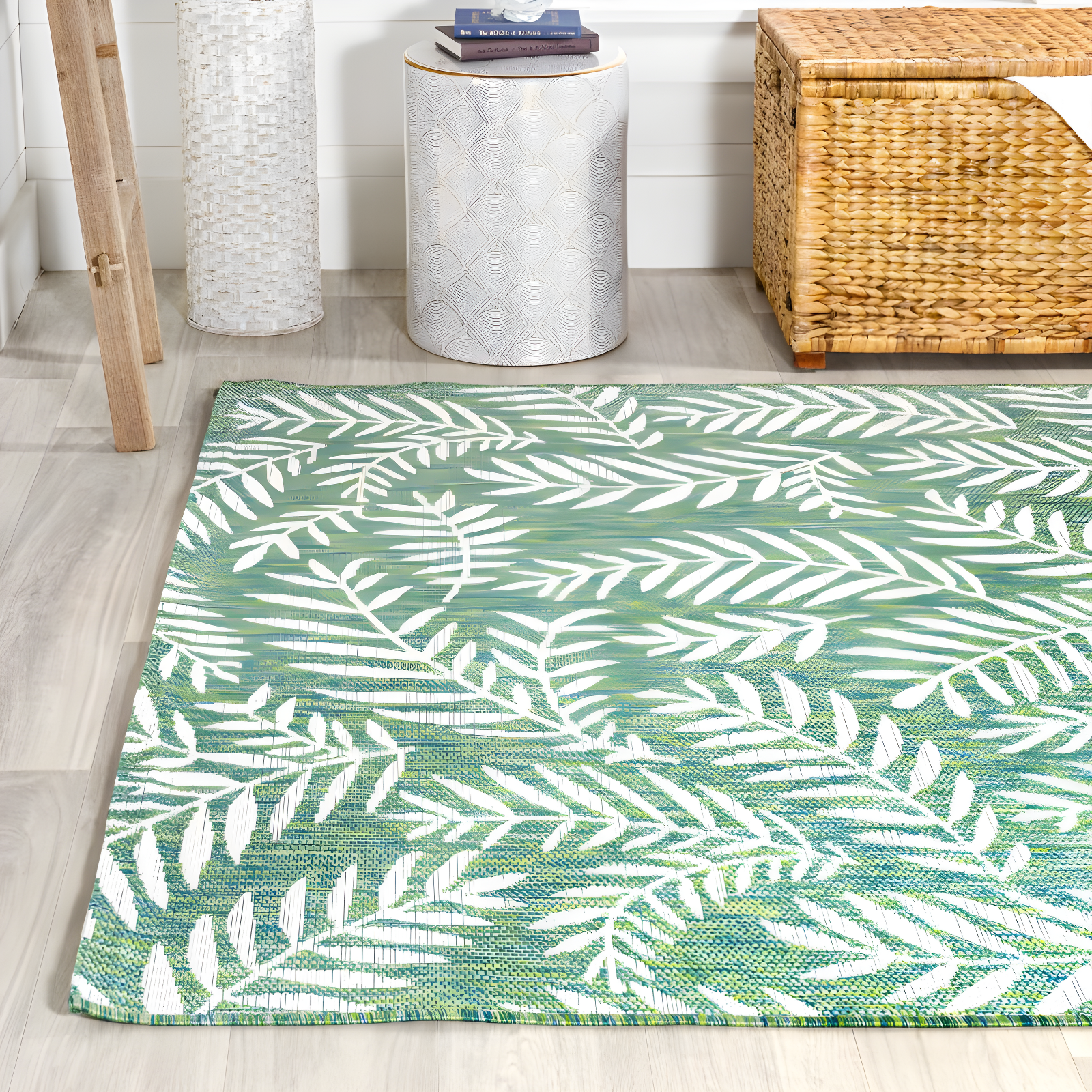 3' x 5' Nevis Palm Frond Indoor/Outdoor Area Rug, Cream/Green - JONATHAN Y