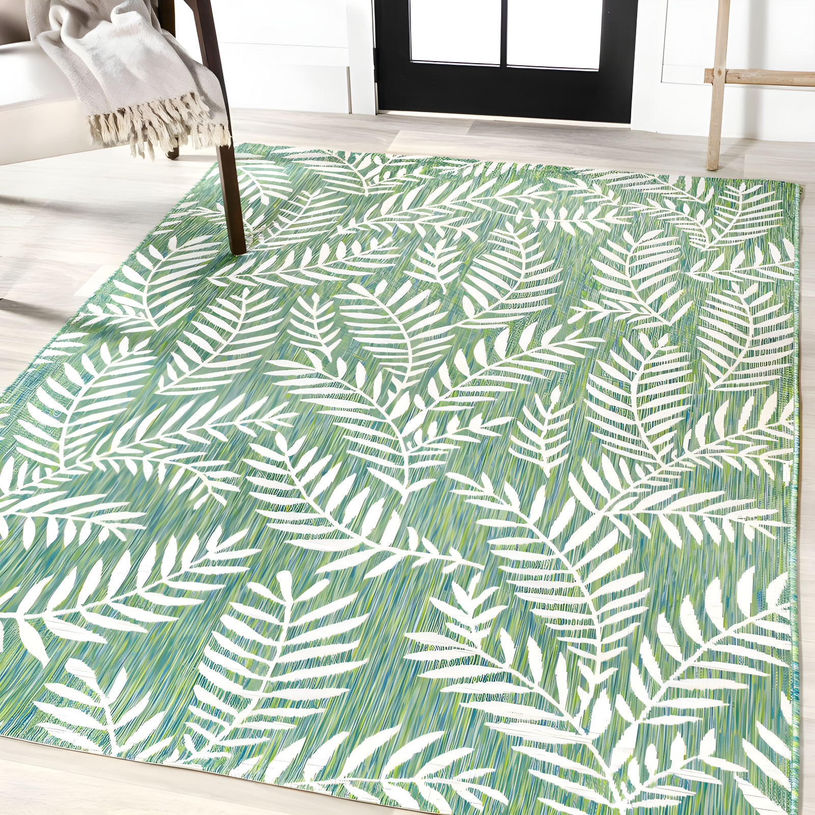 3' x 5' Nevis Palm Frond Indoor/Outdoor Area Rug, Cream/Green - JONATHAN Y