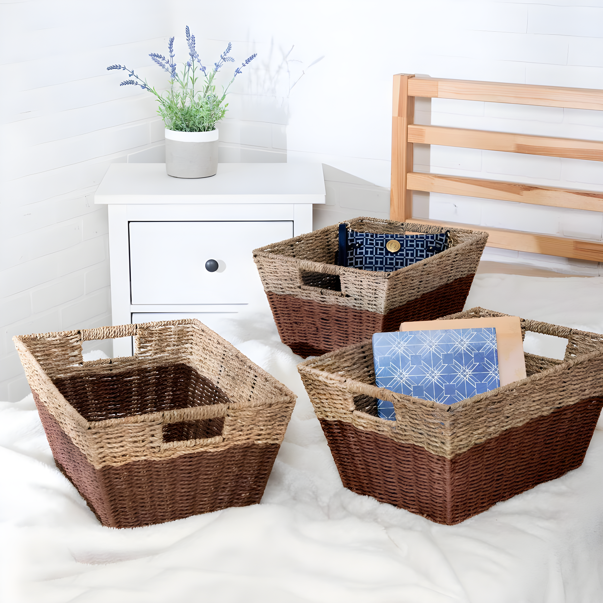 Honey-Can-Do Set of 3 Seagrass Nesting Storage Baskets with Cut-out Handles, Natural/Brown