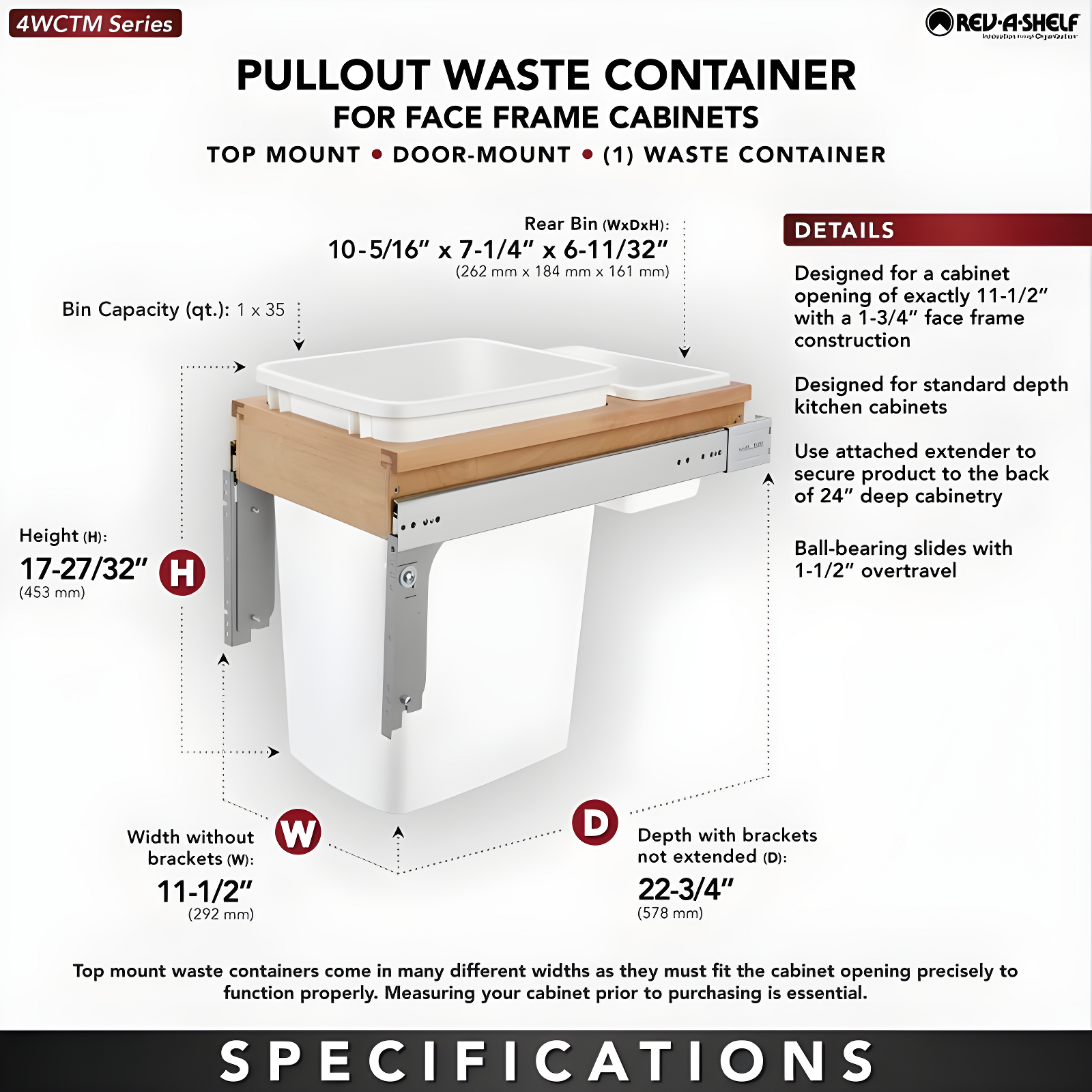 Rev-A-Shelf Rev-A-Shelf Single Pullout Top Mount Trash Can