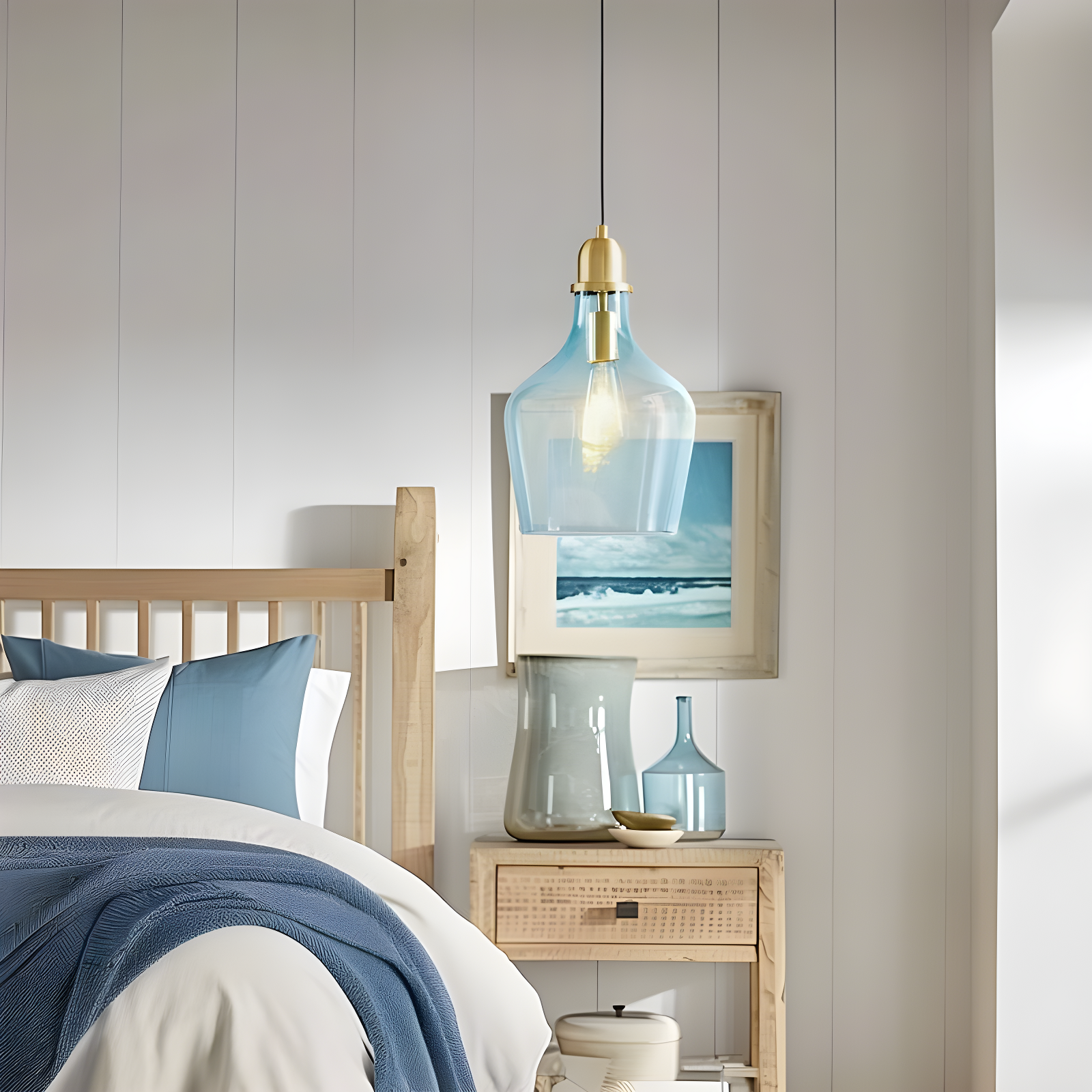 Ink+Ivy 9"x95.5" Auburn Bell Shaped Hanging Glass Simple Industrial Pendant Light Blue