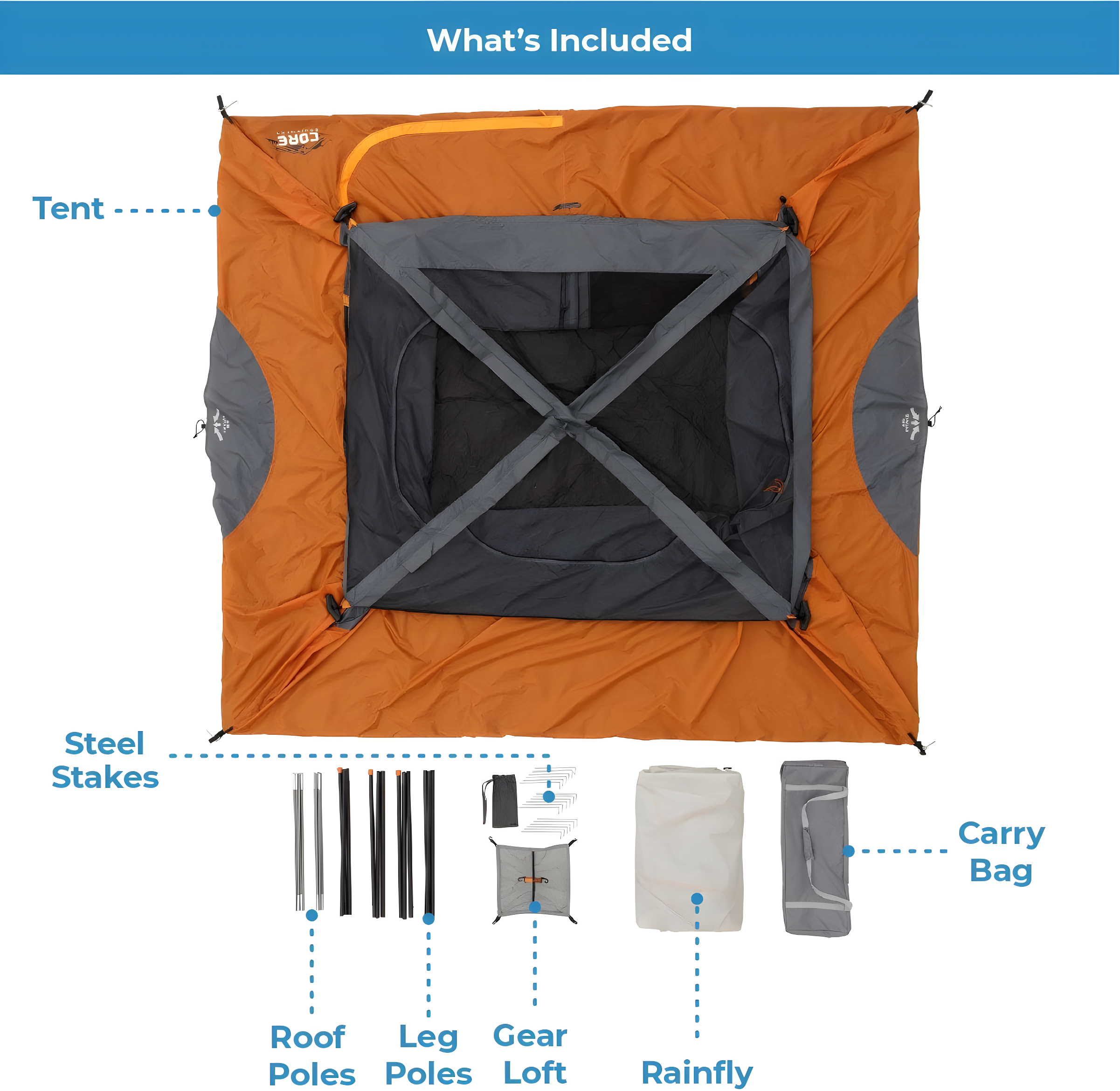 Core Equipment 6 Person Straight Wall Tent - Orange