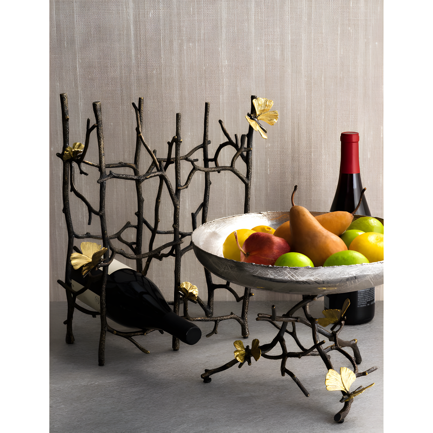 Elegant Bronze and Gold Butterfly Ginkgo 6-Bottle Wine Rack