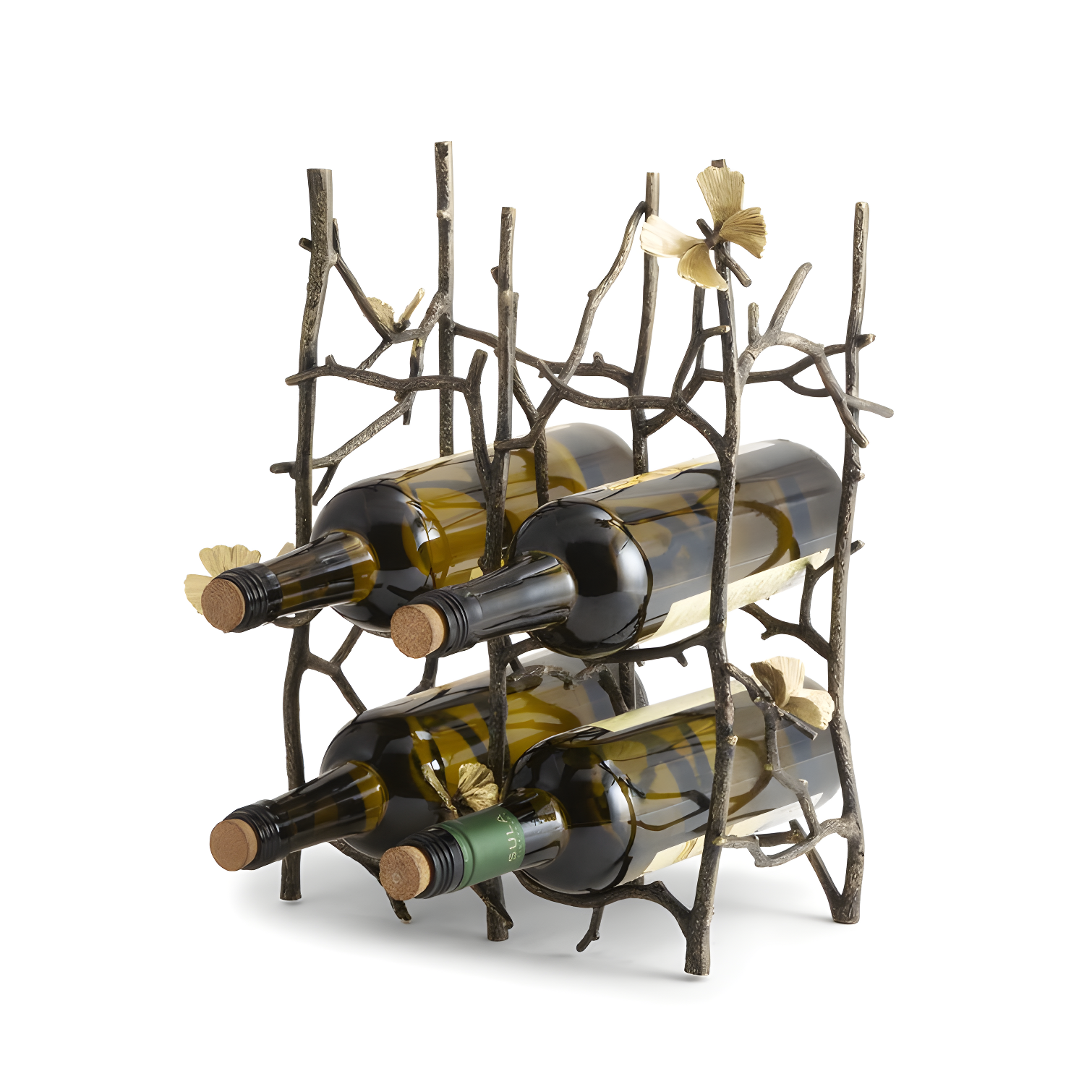 Elegant Bronze and Gold Butterfly Ginkgo 6-Bottle Wine Rack