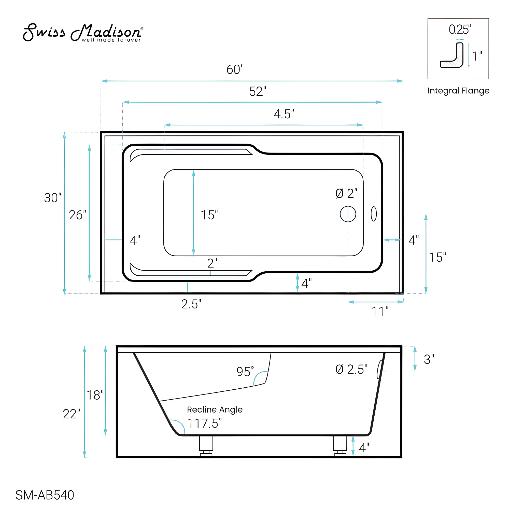 Voltaire 60" x 30" Alcove Bathtub with Apron