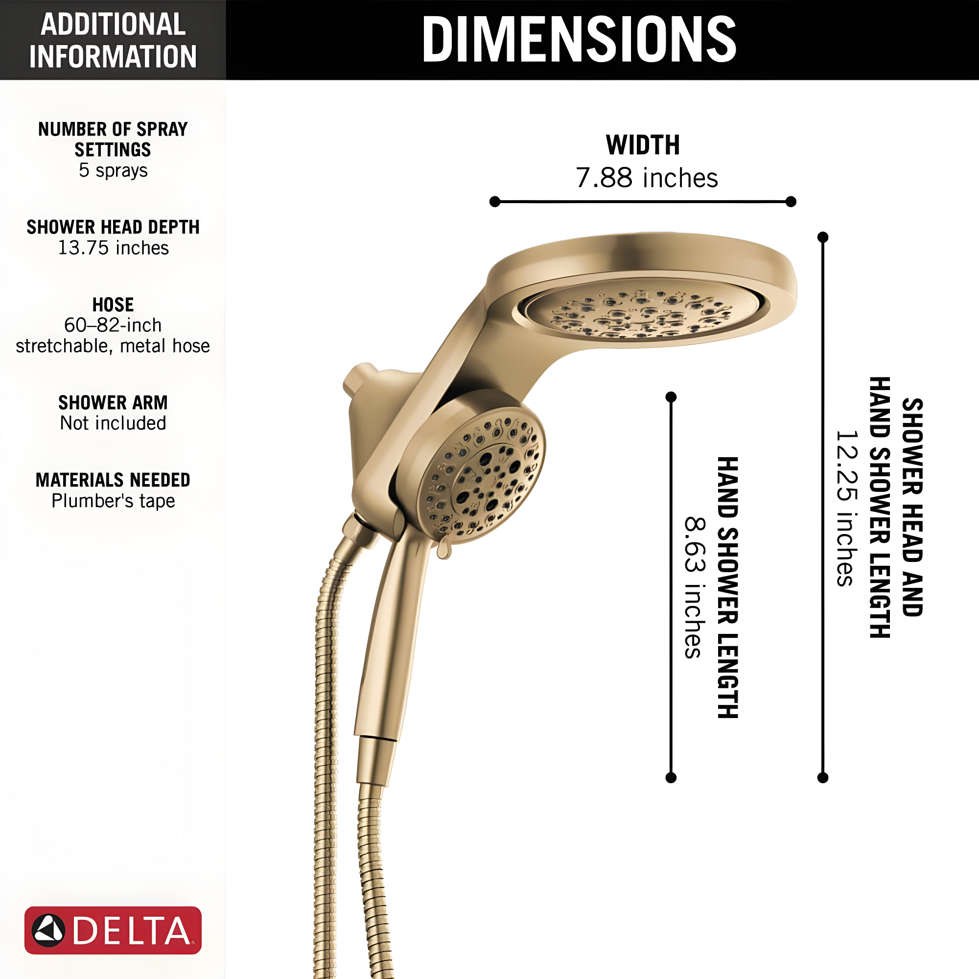 Hydrorain 5 Spray Dual Shower Head and Handheld Shower with Lumicoat and H2Okinetic 2.5 GPM