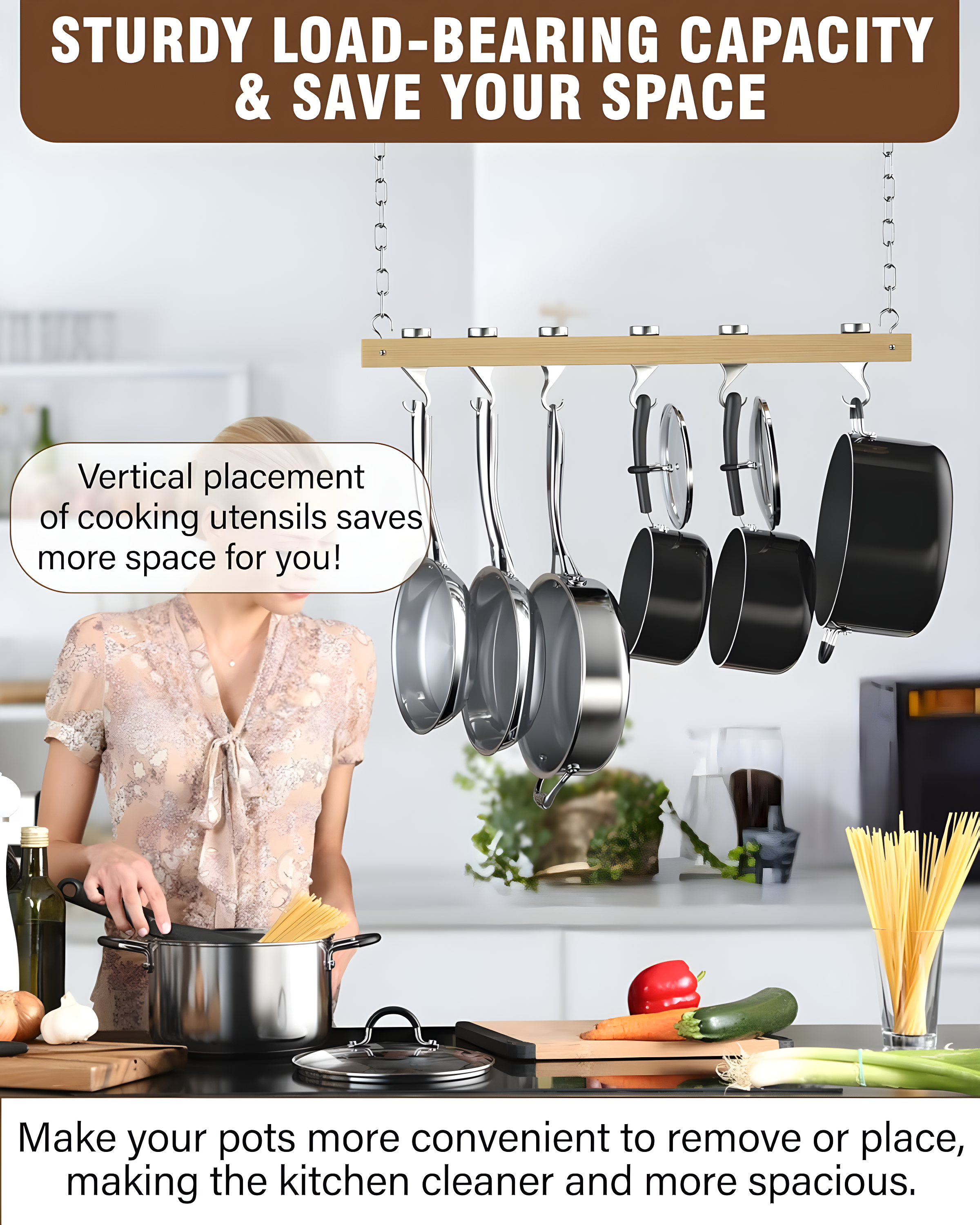 Standard, Single Bar, 36-Inch Ceiling Mounted Wooden Pot Rack, Brown