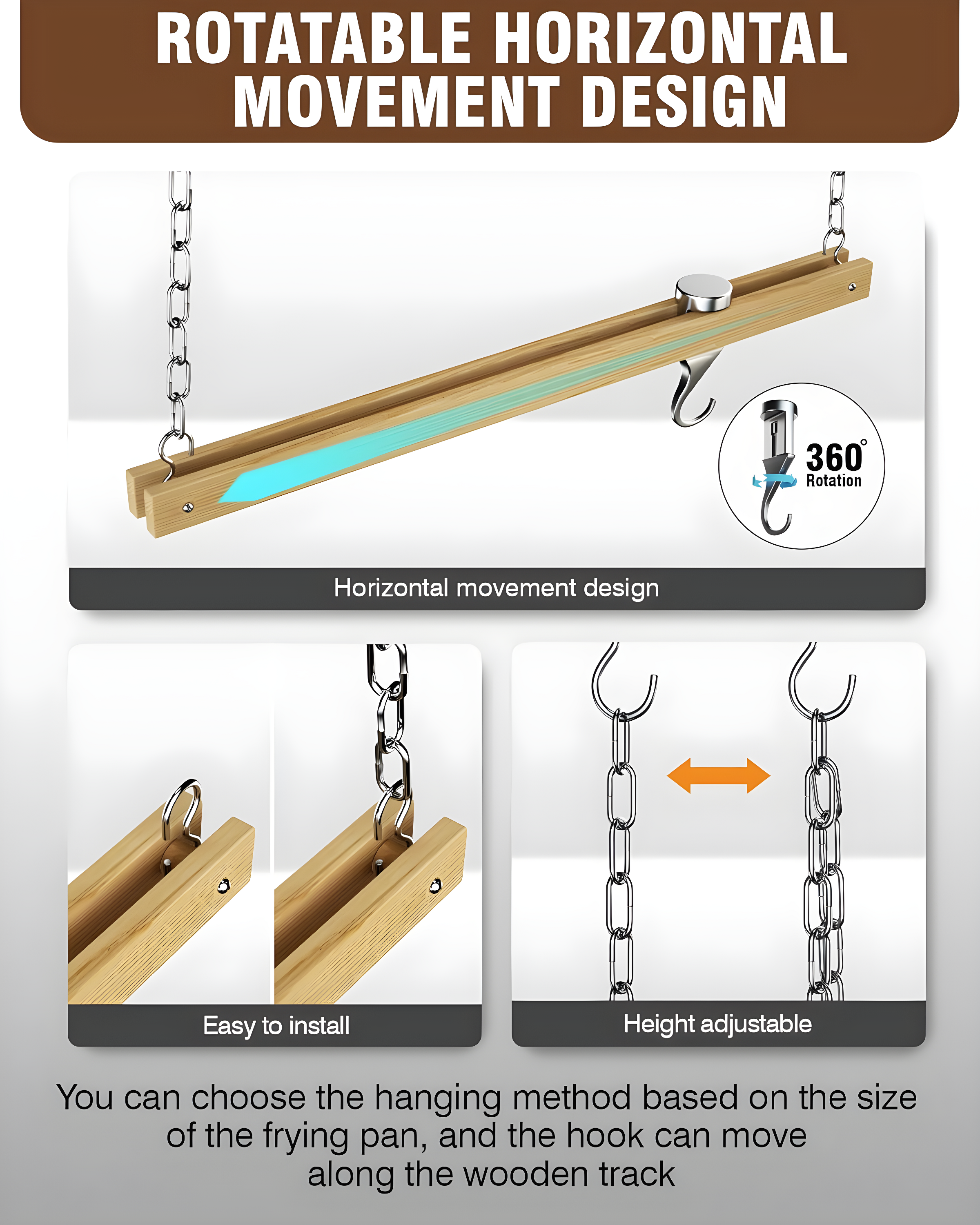 Standard, Single Bar, 36-Inch Ceiling Mounted Wooden Pot Rack, Brown