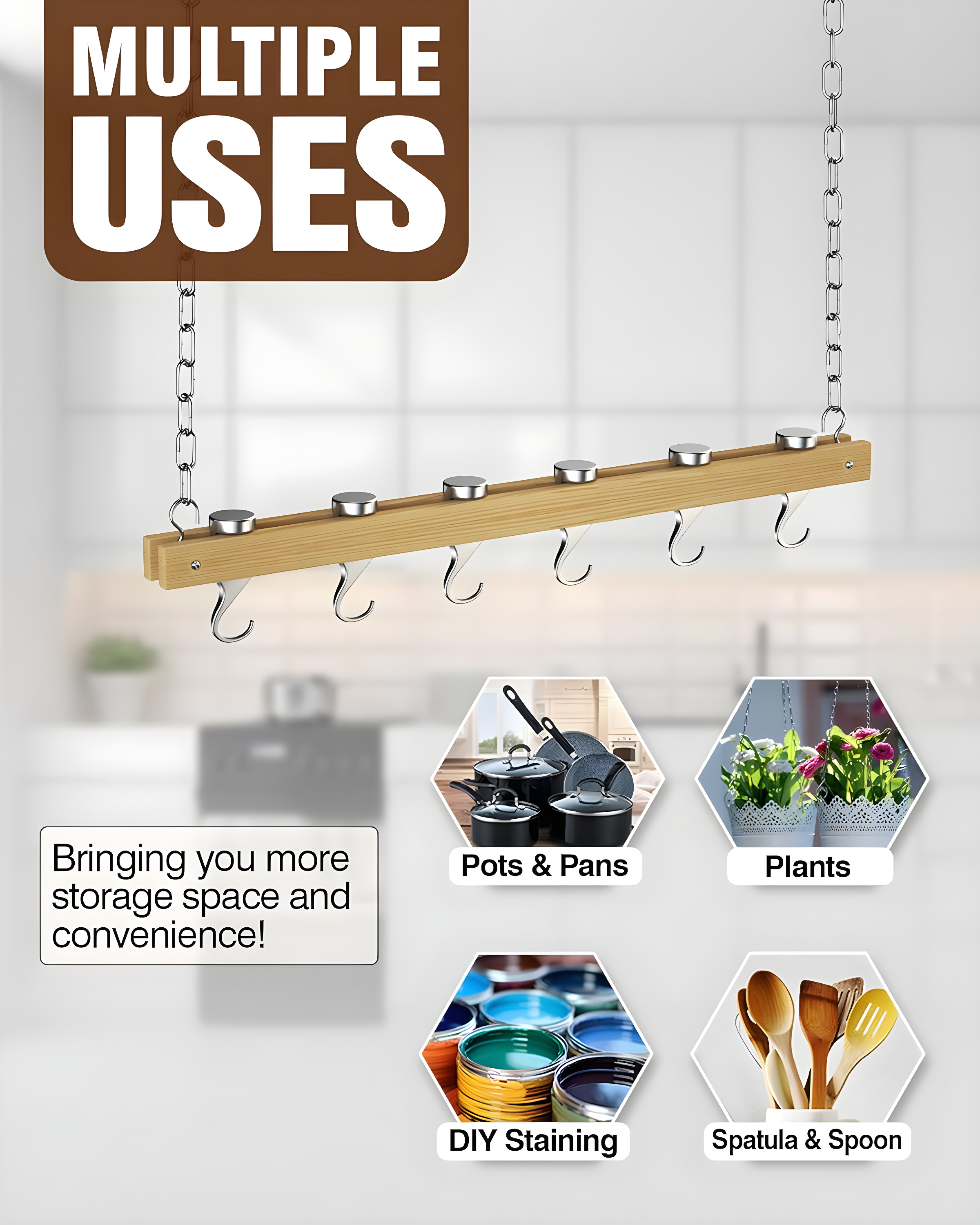 Standard, Single Bar, 36-Inch Ceiling Mounted Wooden Pot Rack, Brown