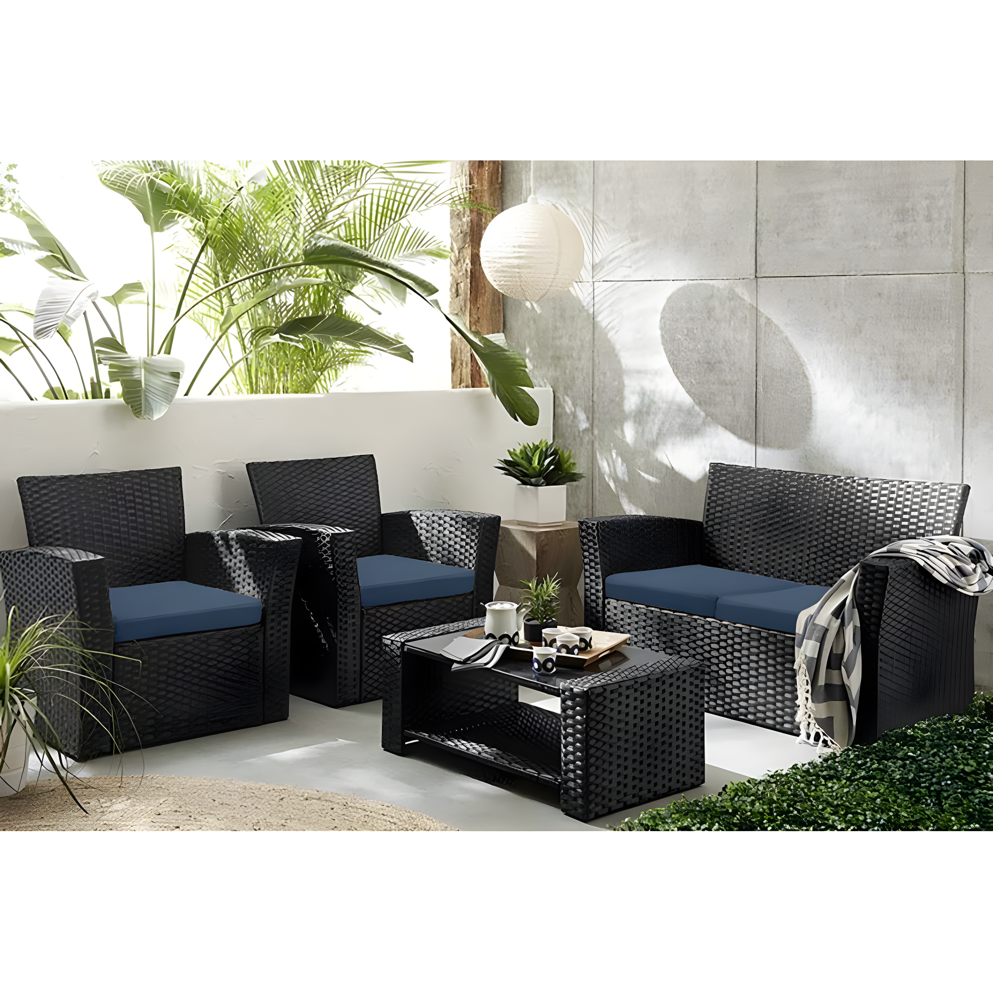 4-Piece Conversation Outdoor Patio Sofa Set with Cushions, Black/Navy Blue
