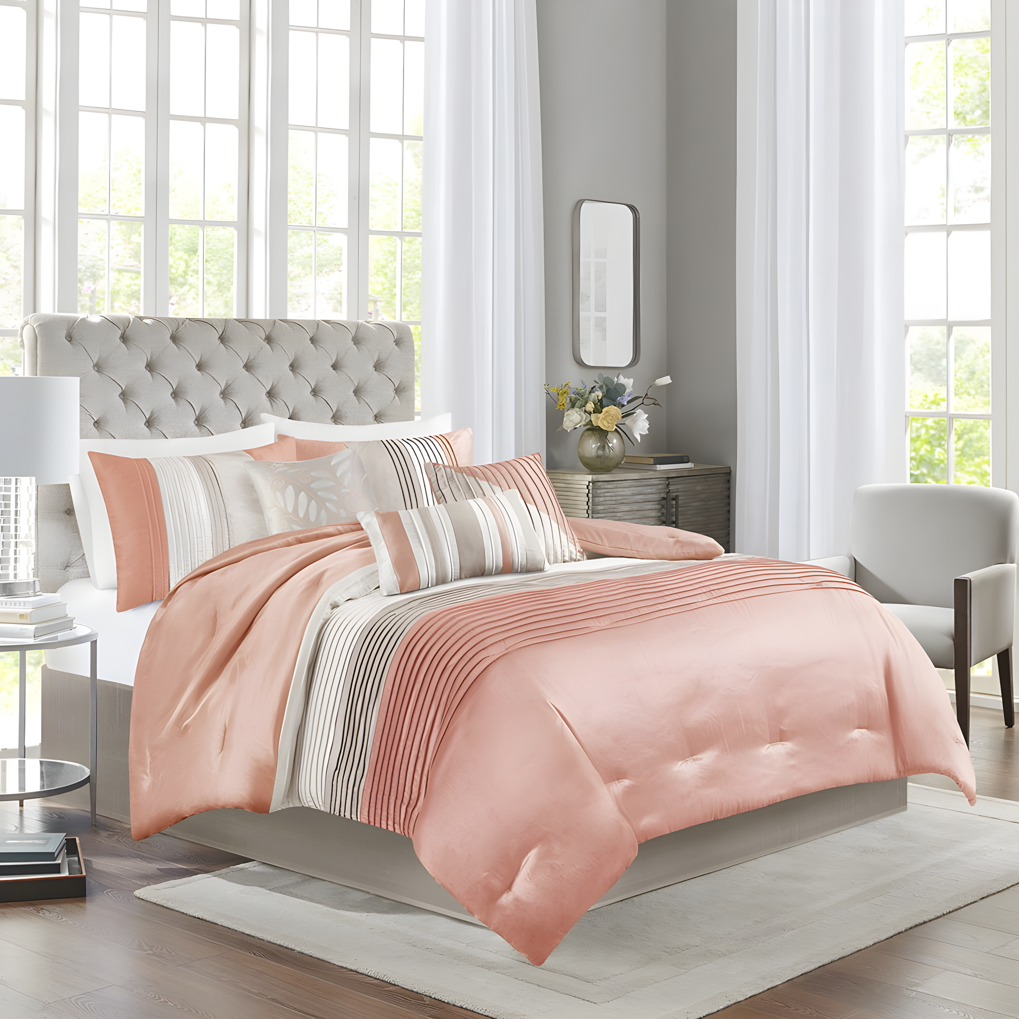 Madison Park Amherst 7 Piece Striped and Pleated Comforter Set