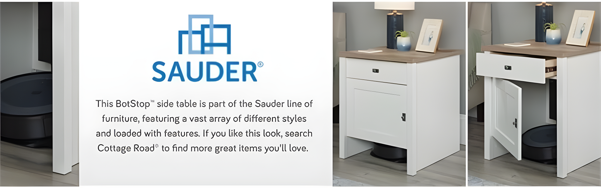 Sauder Cottage Road, Robot Vacuum Storage Side Table, Soft White Finish