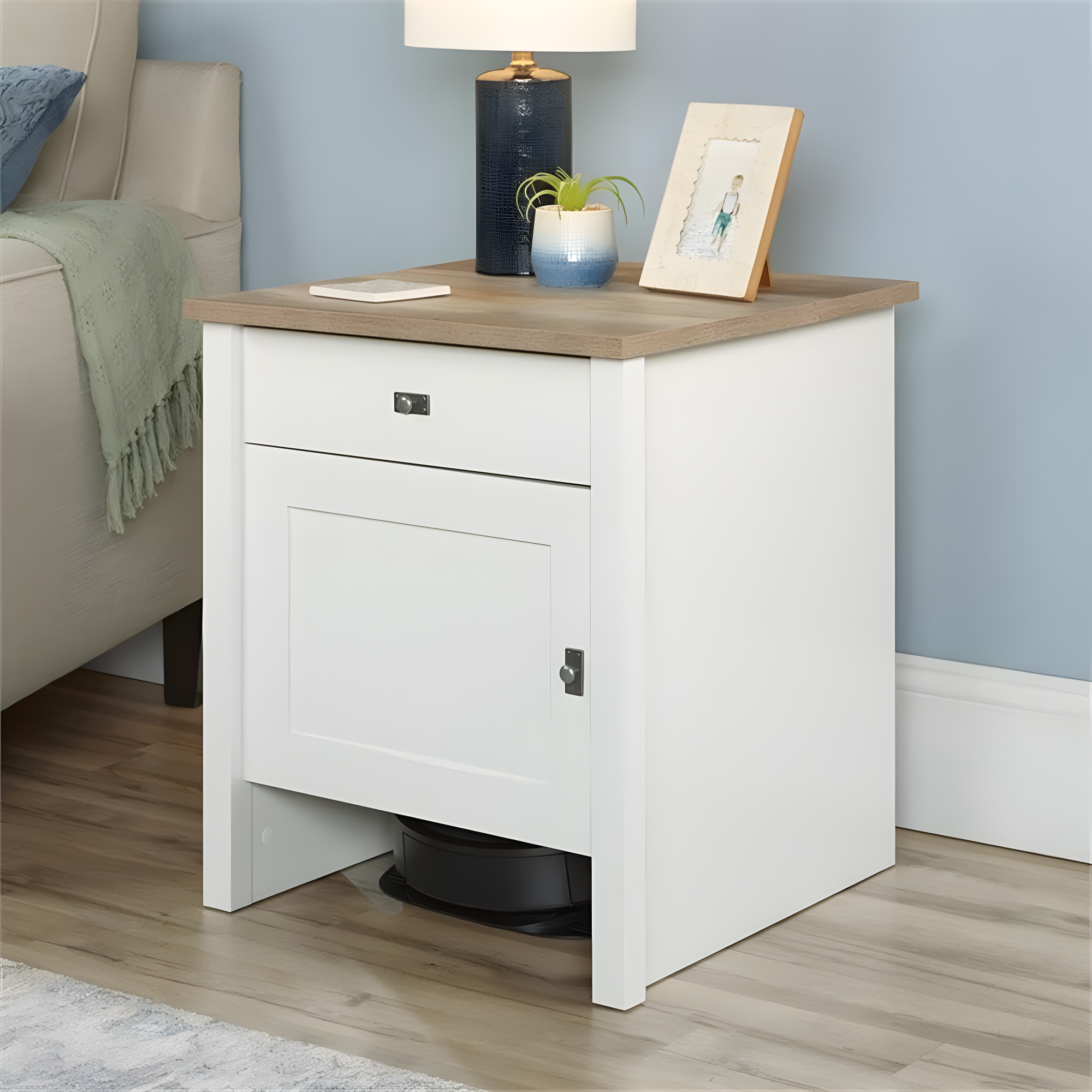Sauder Cottage Road, Robot Vacuum Storage Side Table, Soft White Finish
