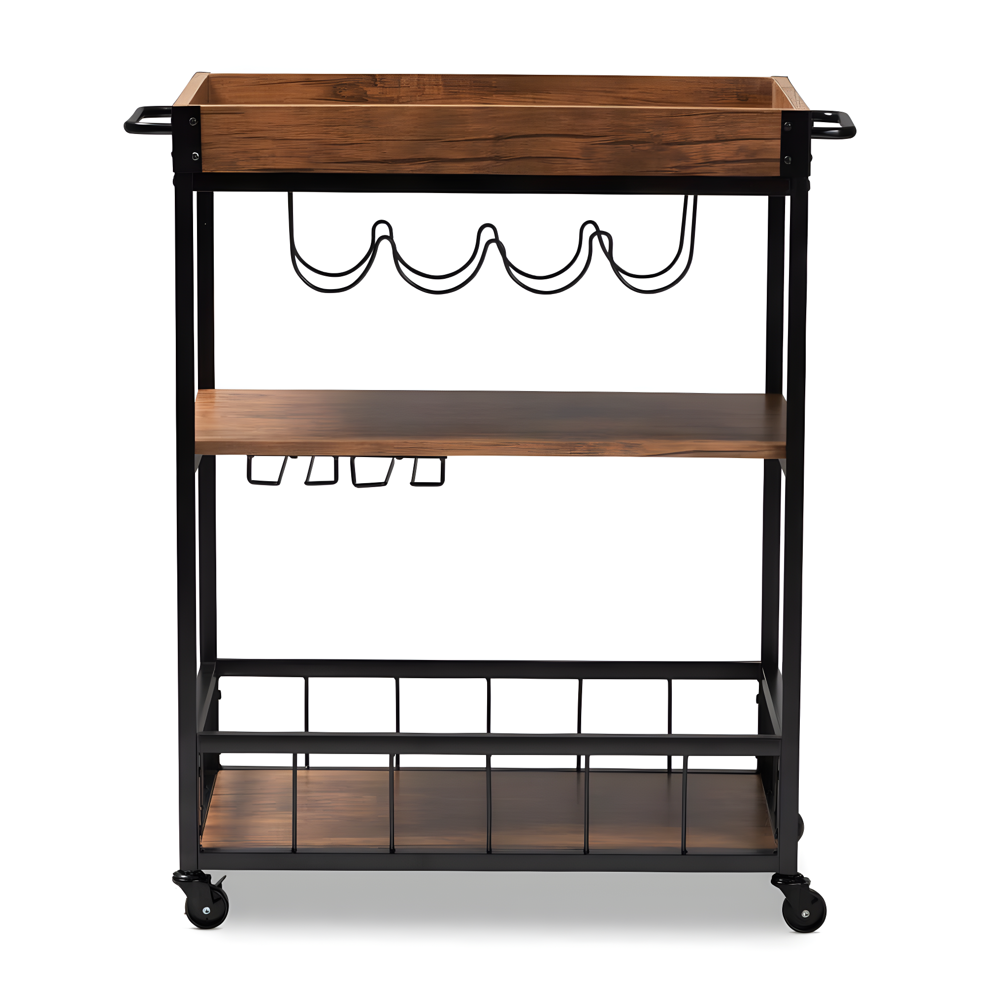 Cerne Oak and Finished Mobile Metal Bar Cart with Wine Bottle Rack Brown - Baxton Studio