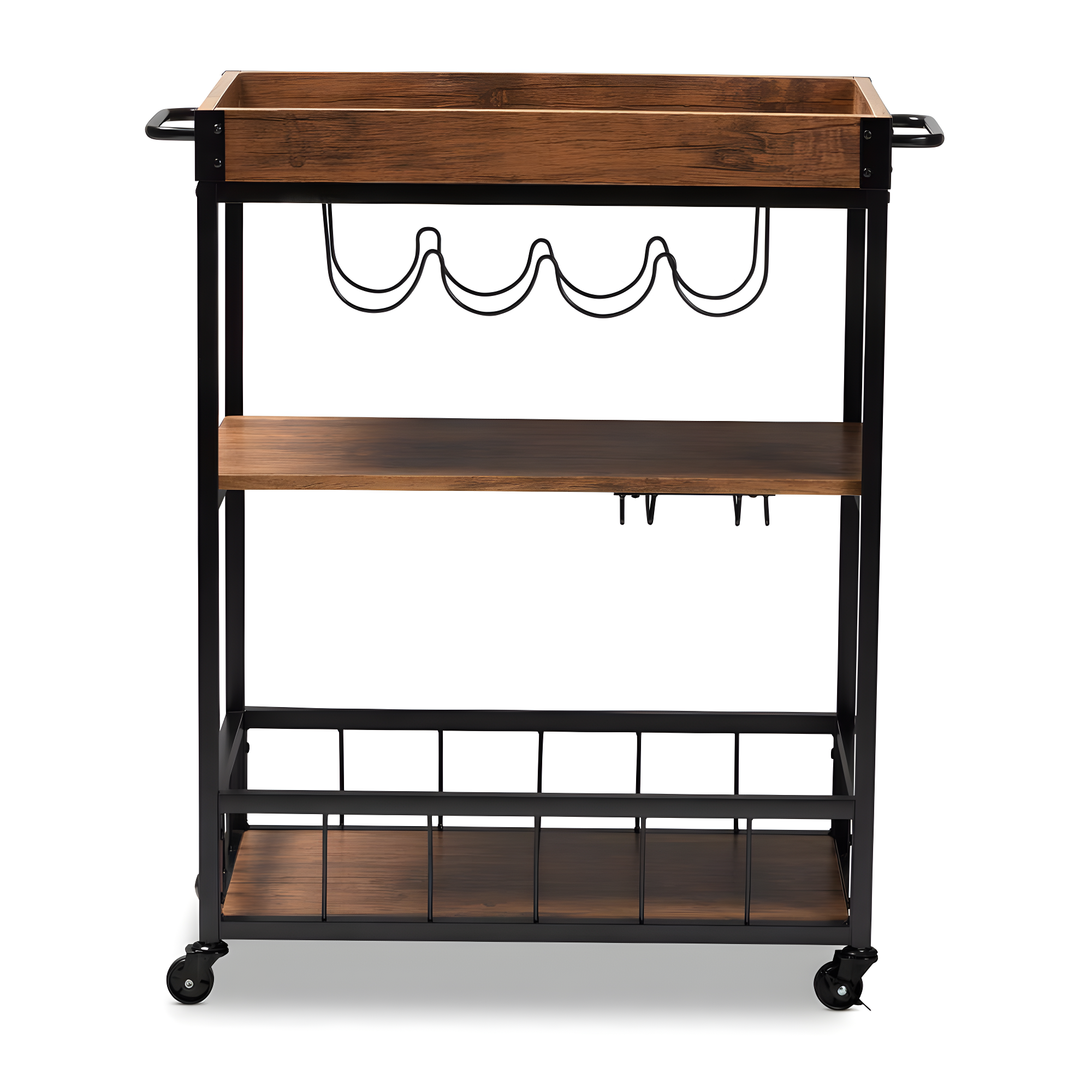 Cerne Oak and Finished Mobile Metal Bar Cart with Wine Bottle Rack Brown - Baxton Studio