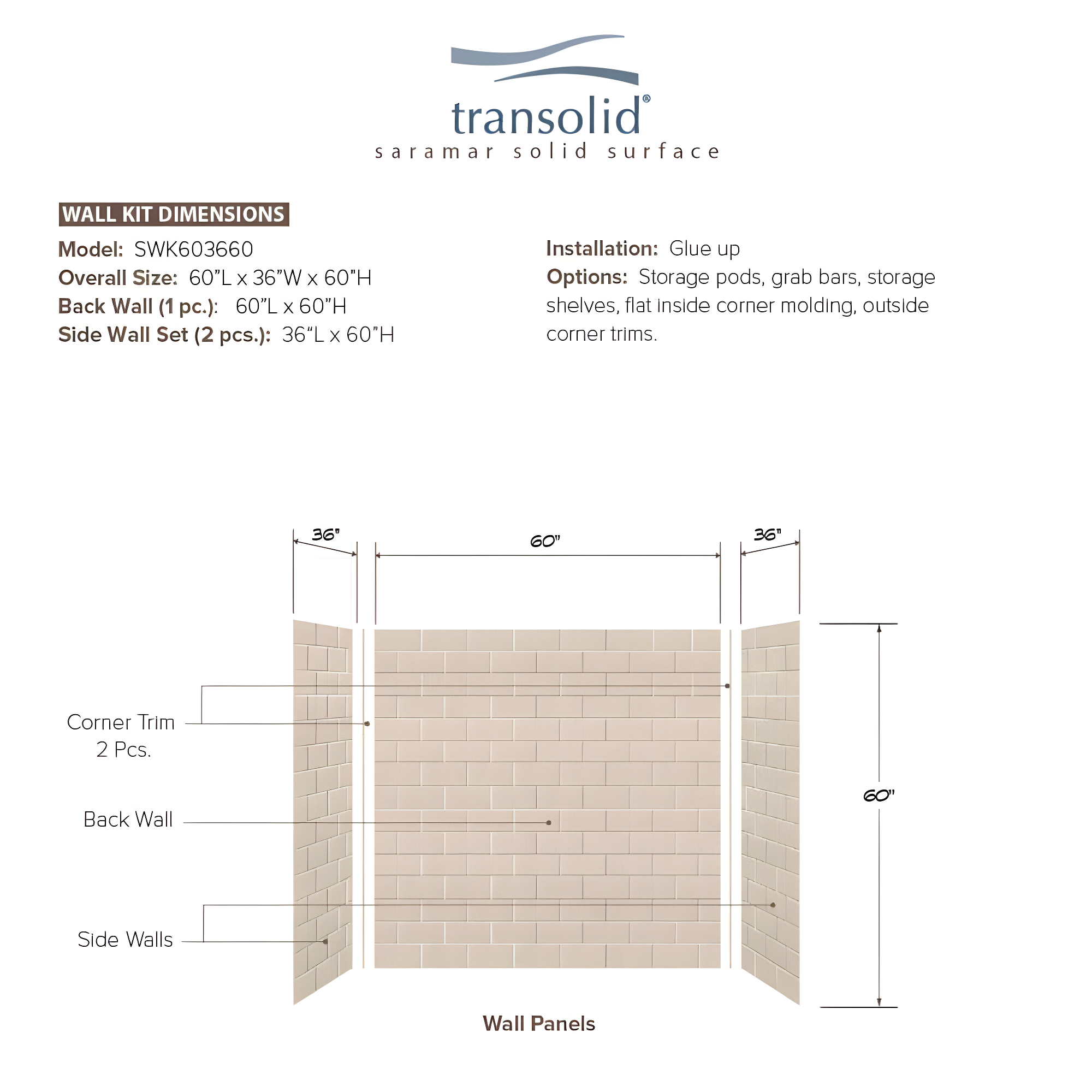 SaraMar 60'' W 36'' D 60'' H Glue Up Solid Surface Wall