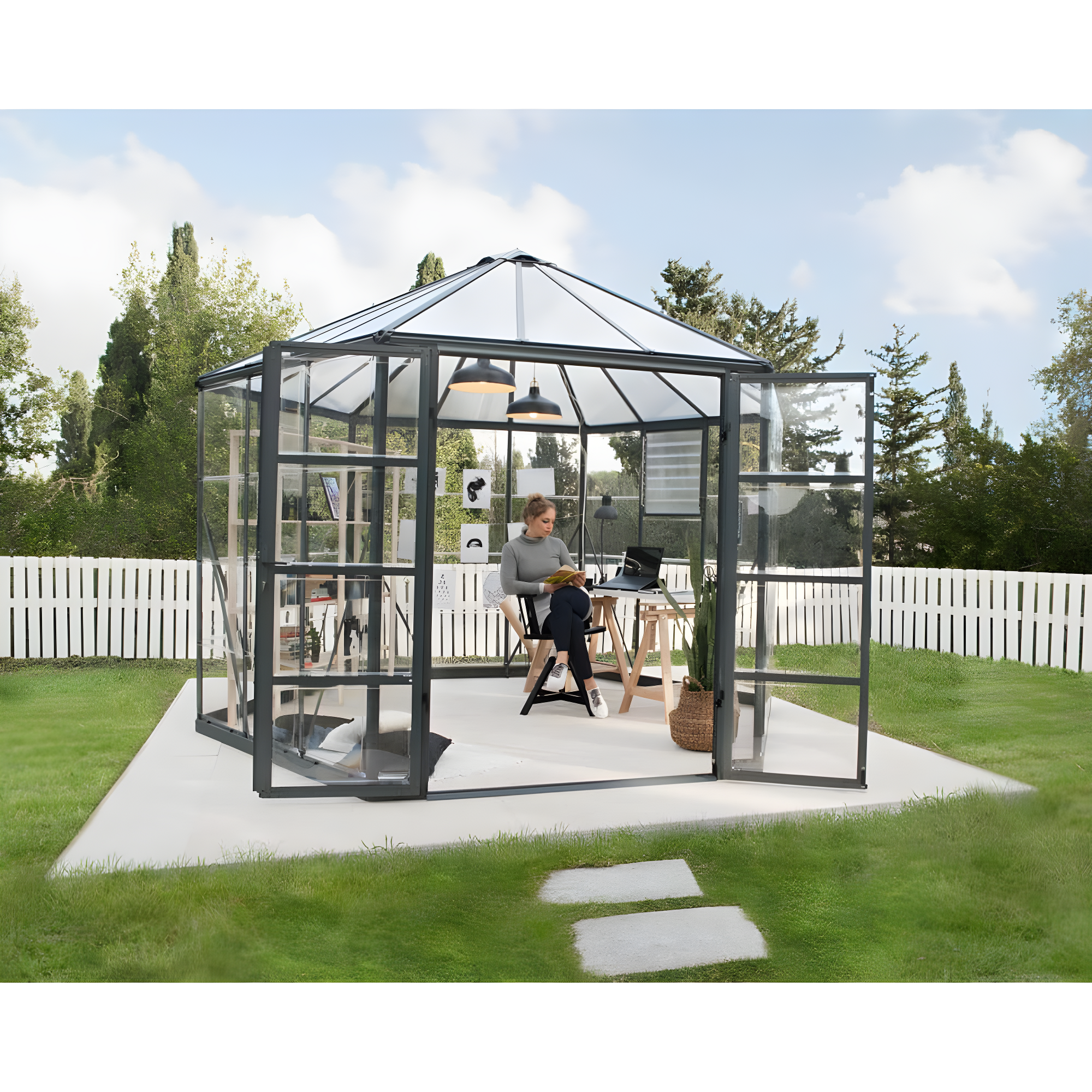 Canopia Palram - Canopia Oasis 12' x 10' Hexagonal Walk-In Hobby Polycarbonate Aluminum Frame Greenhouse Outdoor Living Structure - Gray