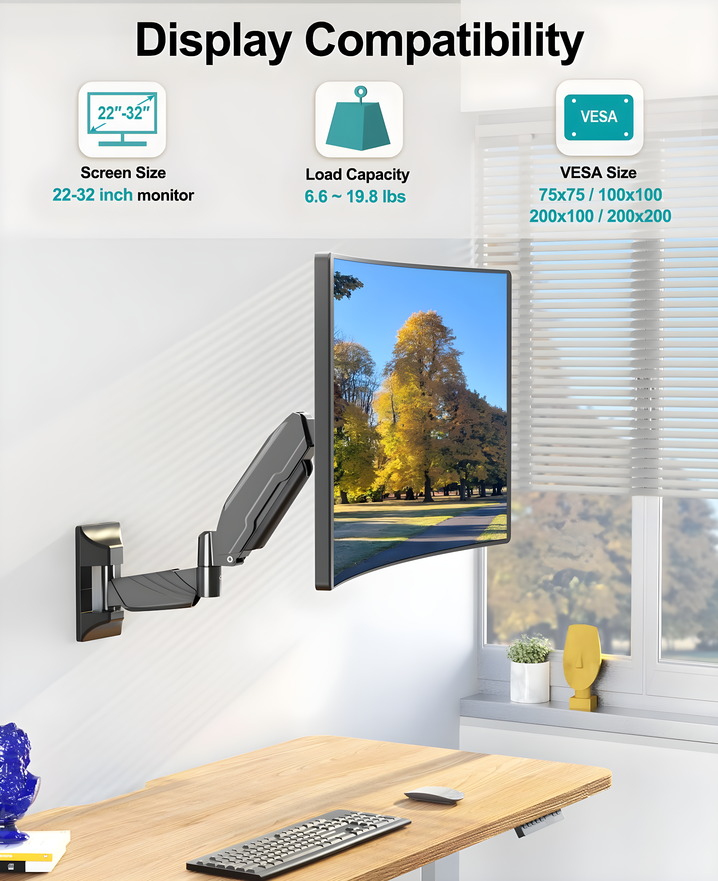 MOUNT PRO Monitor Wall Mount for 13 to 32 inch Computer Screen, Adjustable Single Wall Mount Monitor Arm, Full Motion Vesa Wall Bracket 100x100, Hold up to 17.6lbs, Black