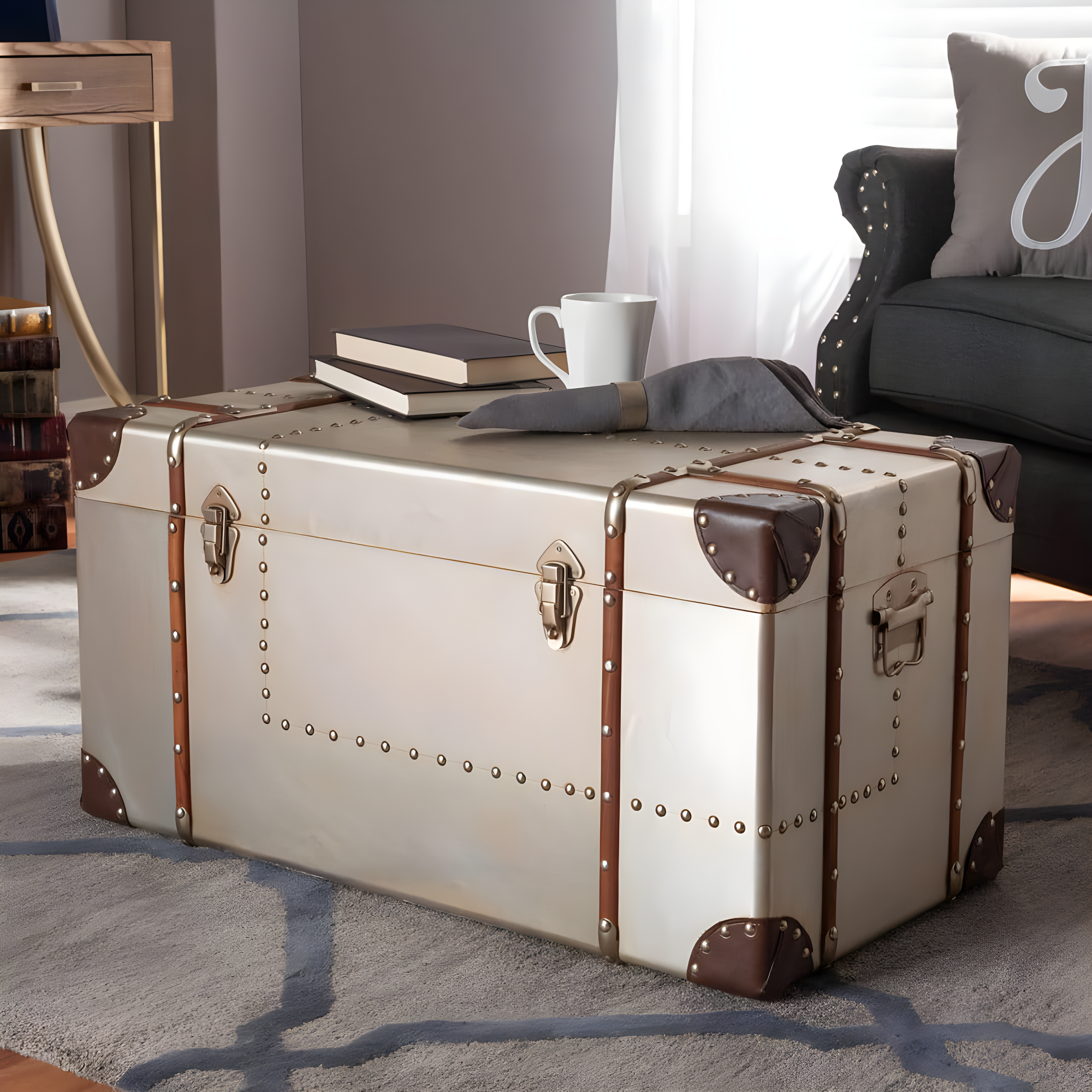 Baxton Studio Bechet French Industrial Silver Metal Storage Trunk