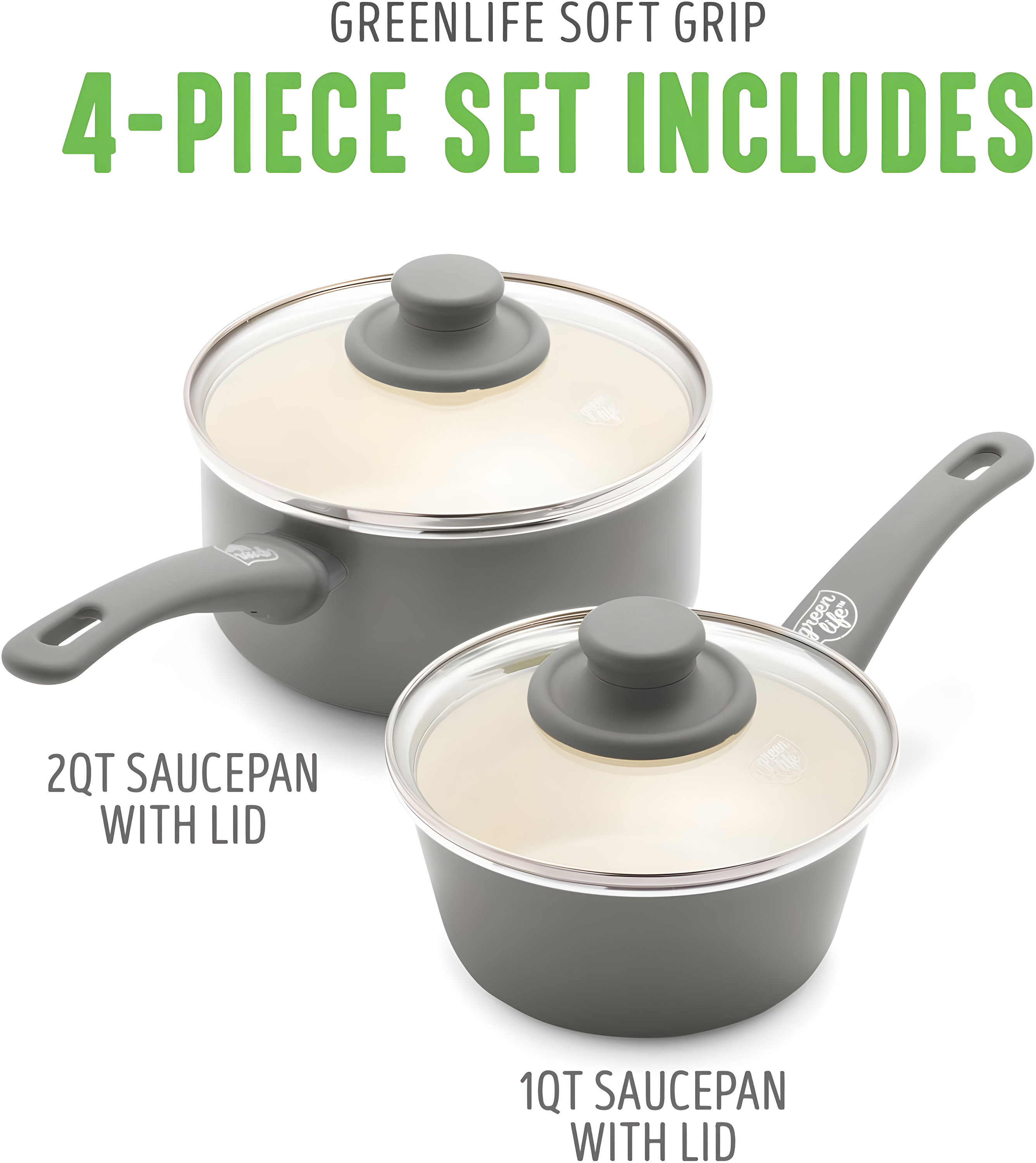 GreenLife Soft Grip 1QT and 2QT Saucepan Set, Healthy Ceramic Nonstick, Non Toxic PFAS & PFOA-Free, Dishwasher Safe, Glass Lids, Stay-Cool Handles, Easy Clean Cookware, Kitchen Essentials, Gray