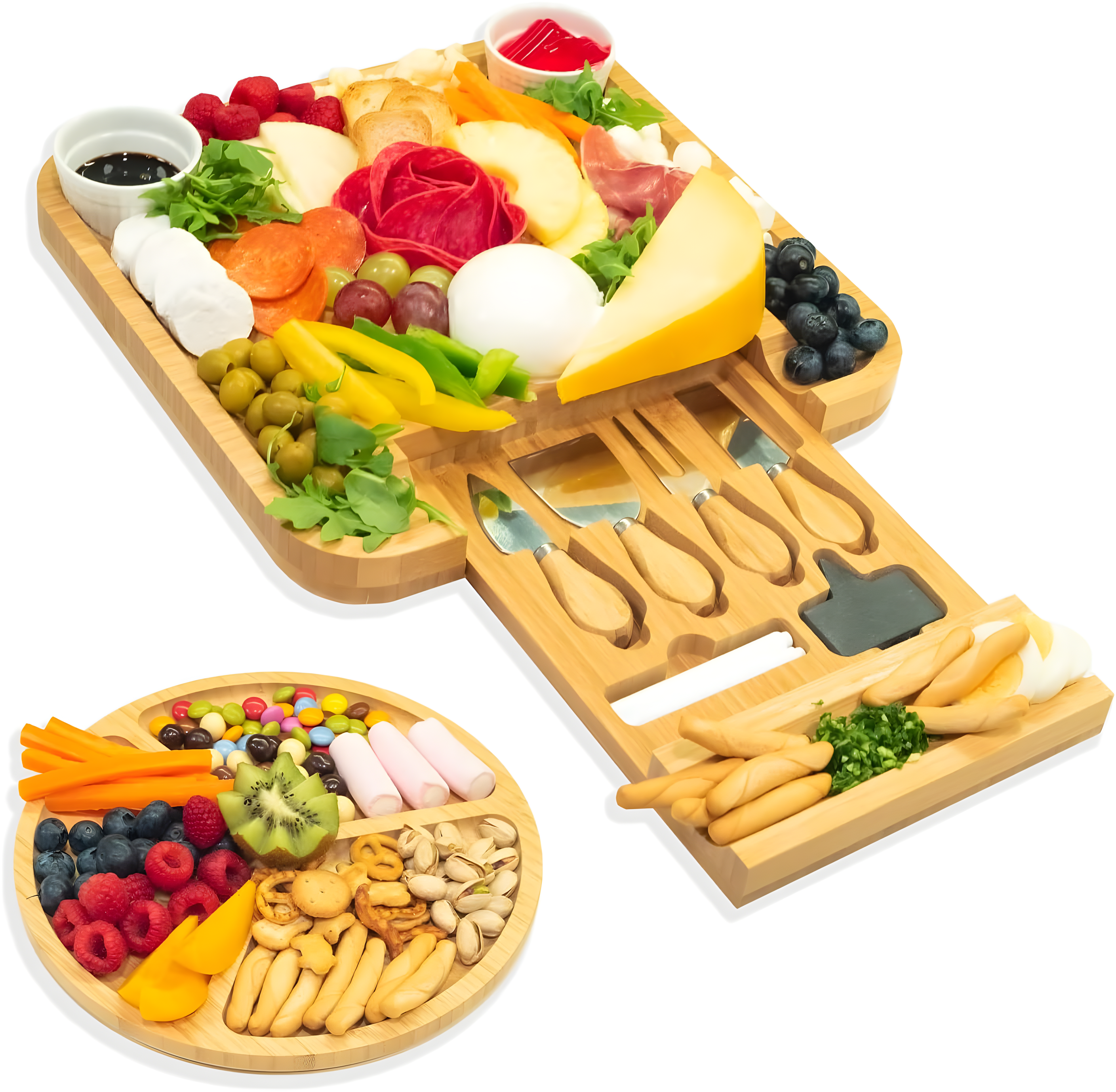 SMIRLY Charcuterie Board Set Large Bamboo Cheese Board with Fruit Tray & 2 Ceramic Bowls