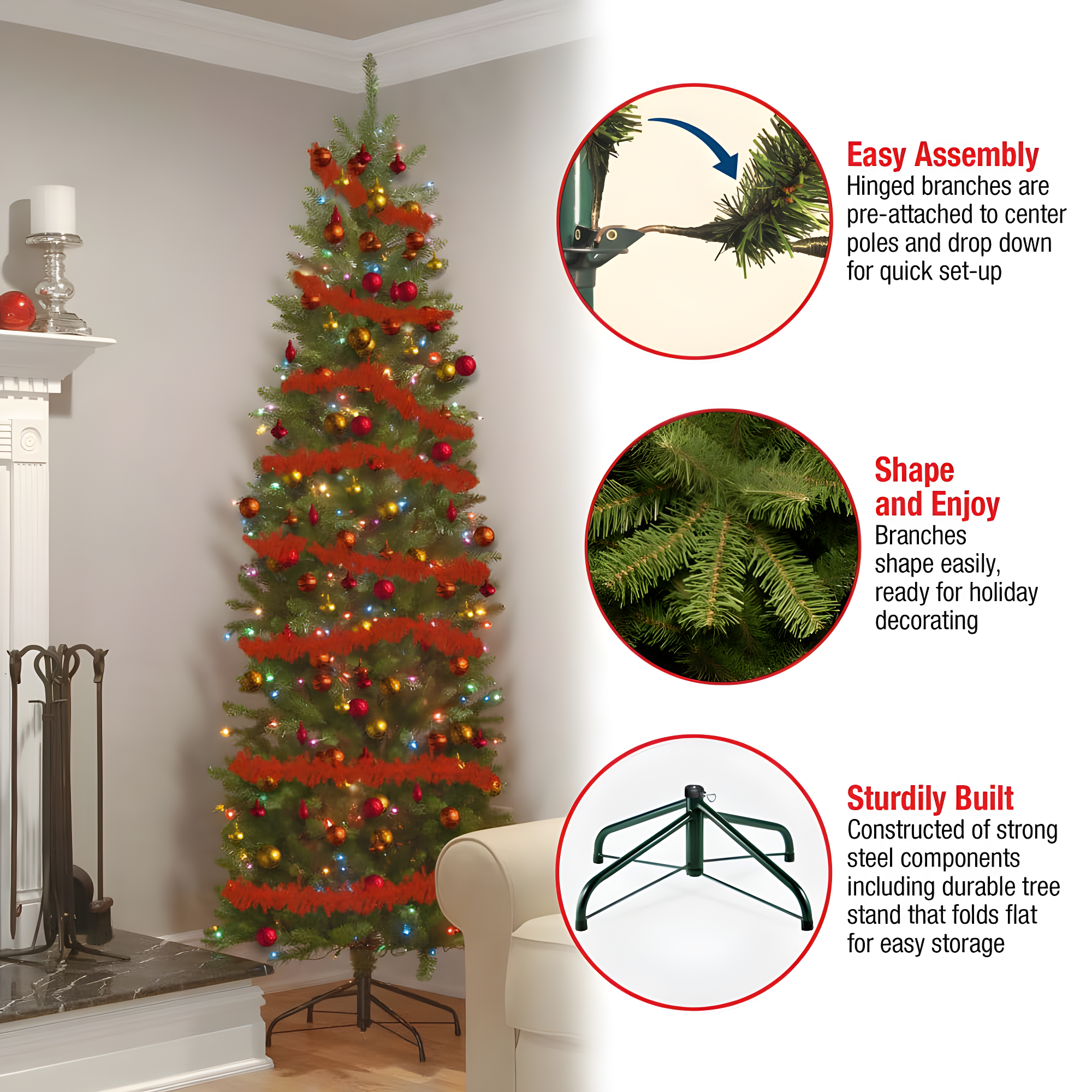 National Tree Company 6.5 ft Artificial Pre-Lit Slim Christmas Tree, Green, Kingswood Fir, Multicolor Lights, Includes Stand