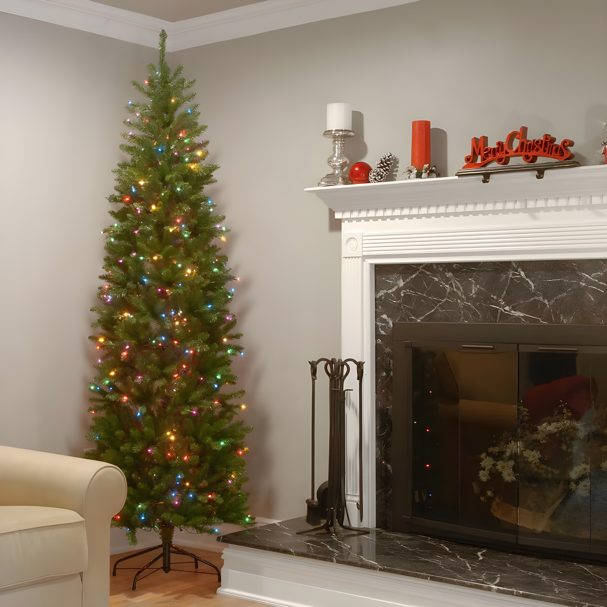 National Tree Company 6.5 ft Artificial Pre-Lit Slim Christmas Tree, Green, Kingswood Fir, Multicolor Lights, Includes Stand