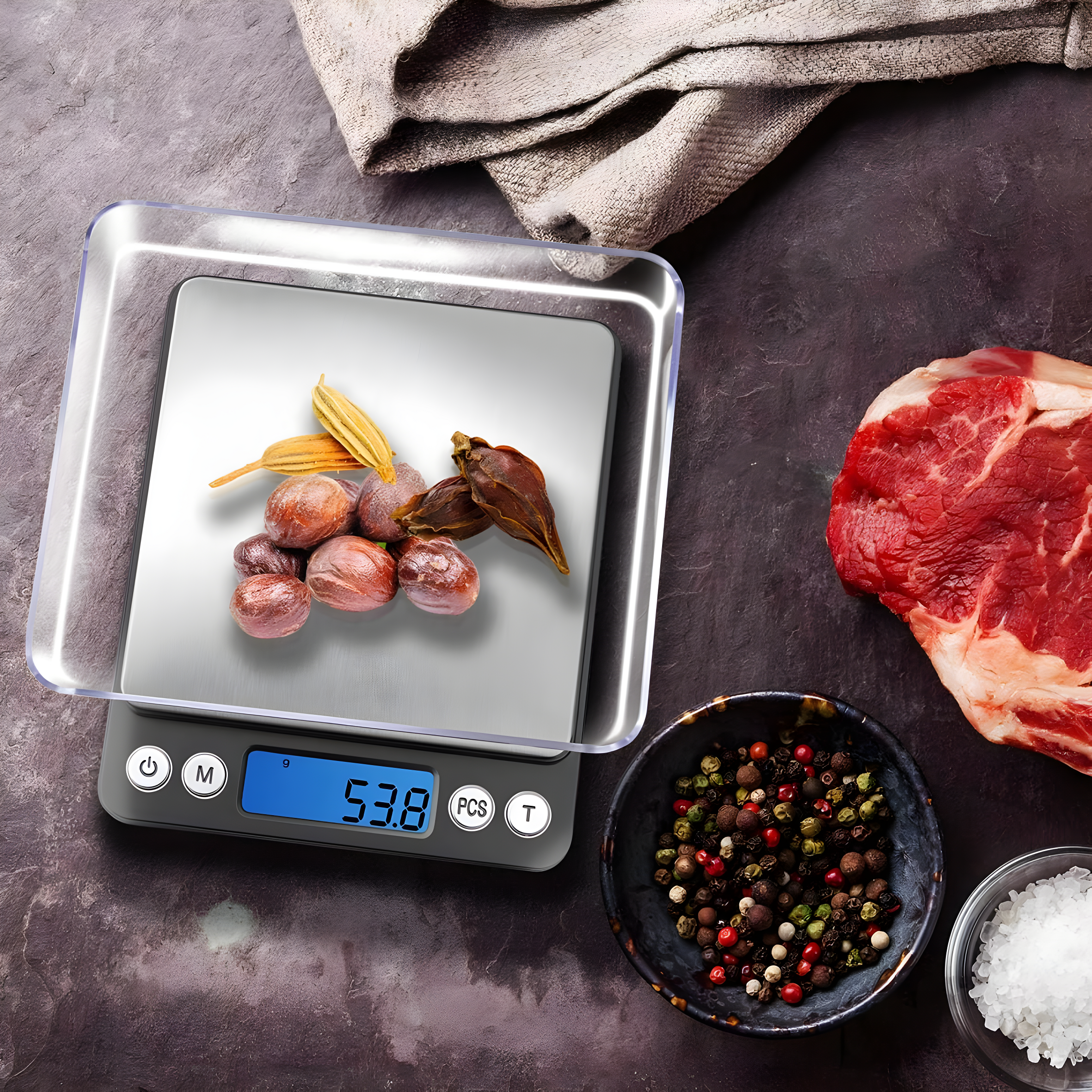 Digital Kitchen Scale 3000g / 0.1g ; Mini Pocket Jewelry Scale, Food Scale for Kitchen, 2 Trays, 6 Units, Auto Off, Tare, PCS Function, Stainless Steel, Batteries Included