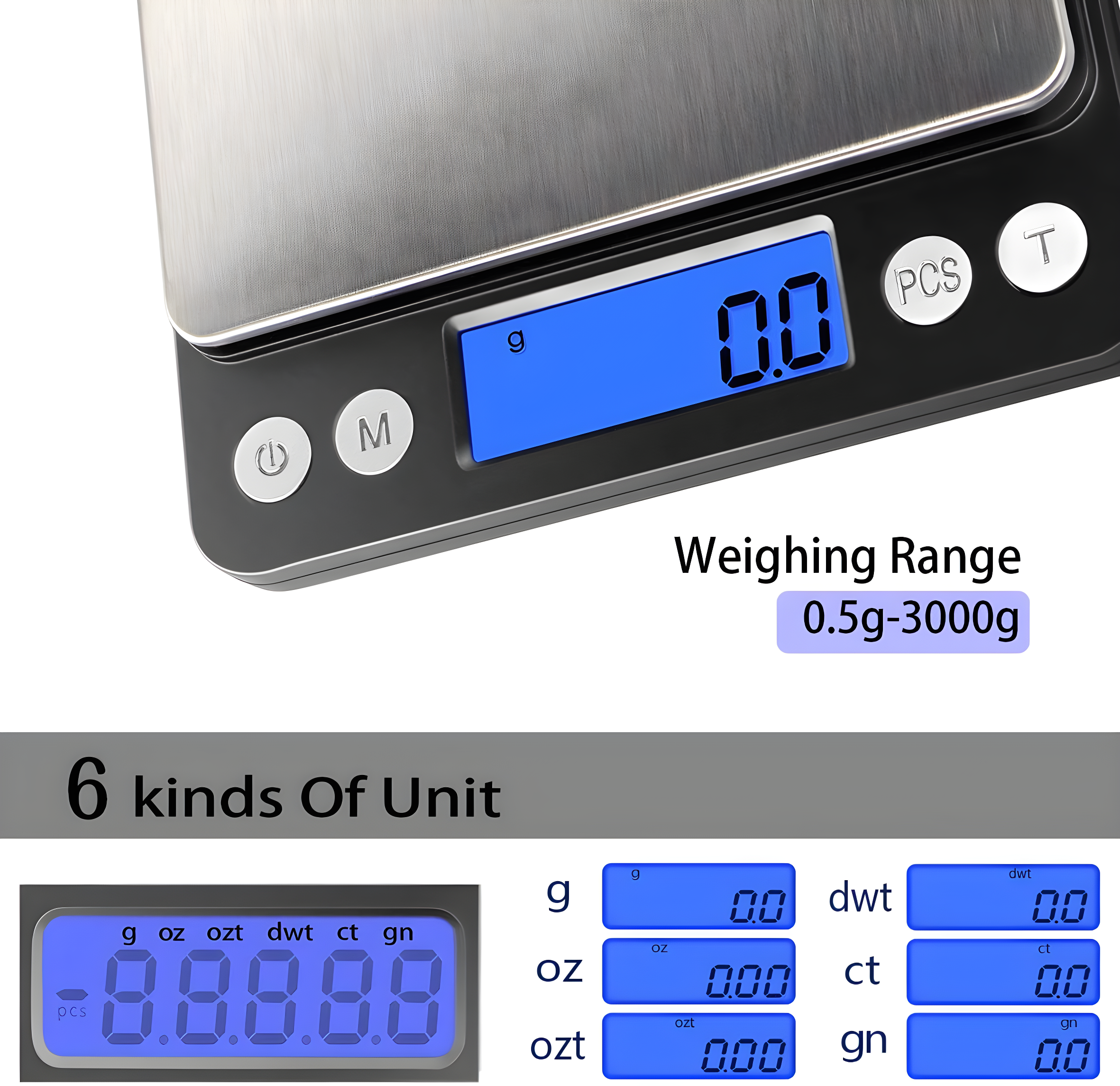 Digital Kitchen Scale 3000g / 0.1g ; Mini Pocket Jewelry Scale, Food Scale for Kitchen, 2 Trays, 6 Units, Auto Off, Tare, PCS Function, Stainless Steel, Batteries Included